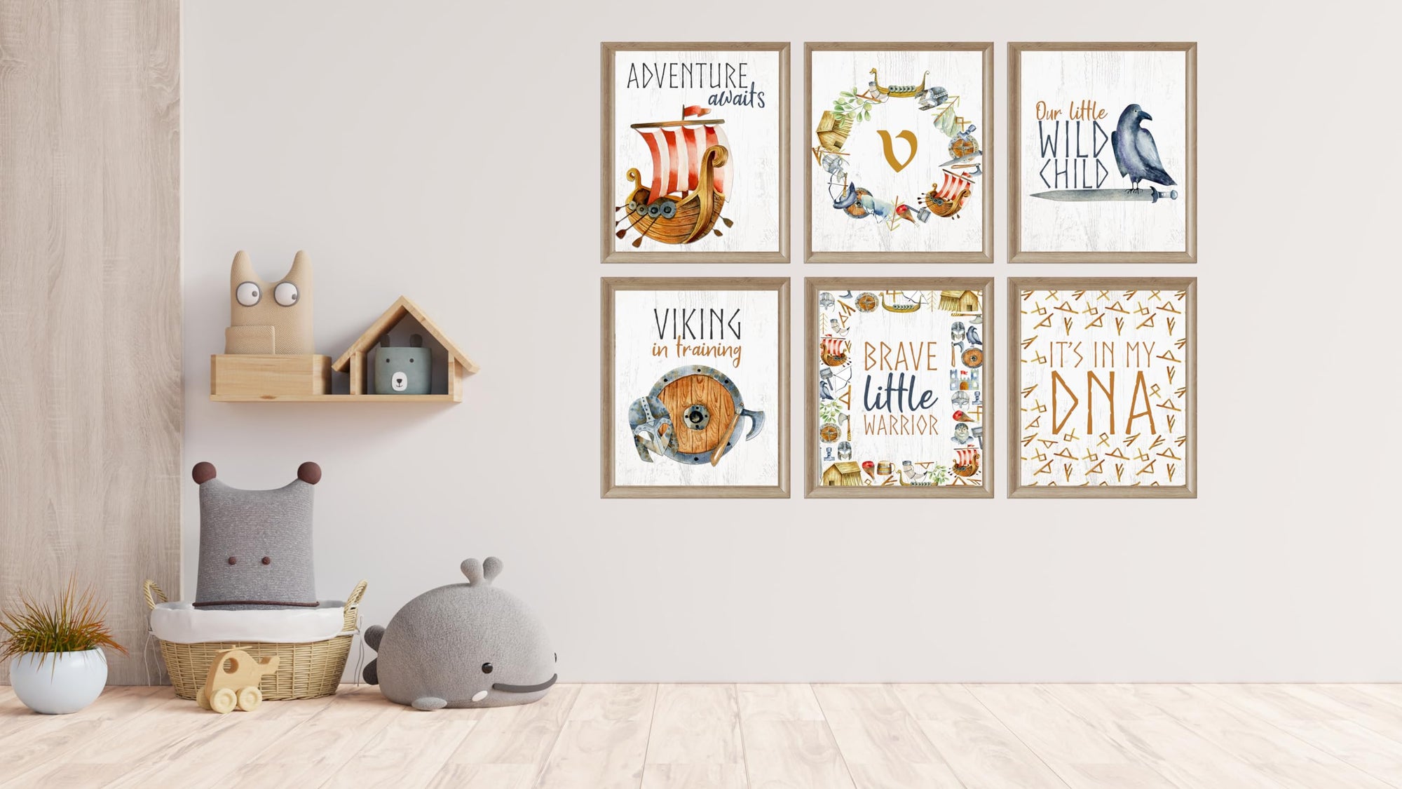 V Is For Viking Nursery Wall Art Prints - Set of 6, 8x10 Watercolor Decor