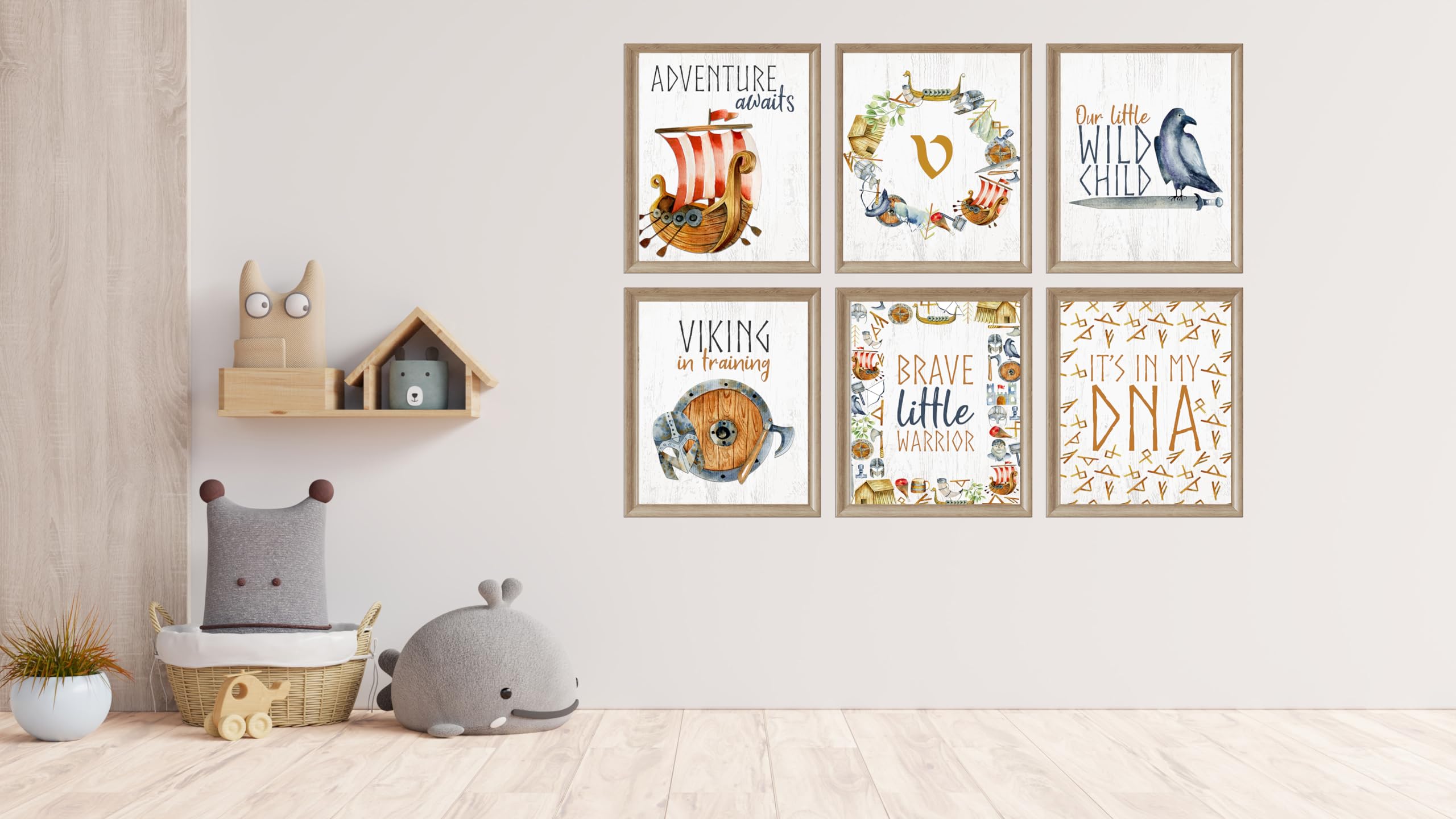 V Is For Viking Nursery Wall Art Prints - Set of 6, 8x10 Watercolor Decor