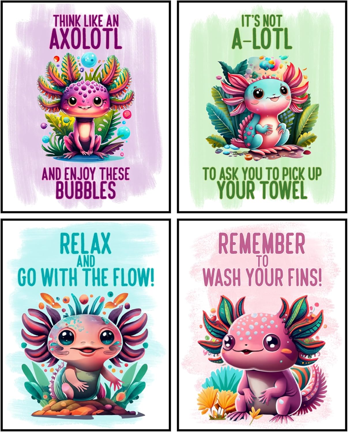 Darling Axolotl Themed Bathroom Wall Art Print Decor Set of 4, 8x10in