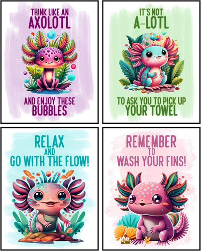 Darling Axolotl Themed Bathroom Wall Art Decor (Set of Four) Wash Fins Hang Towel Enjoy Bubbles Bath Prints Picture Sign Poster Hanging