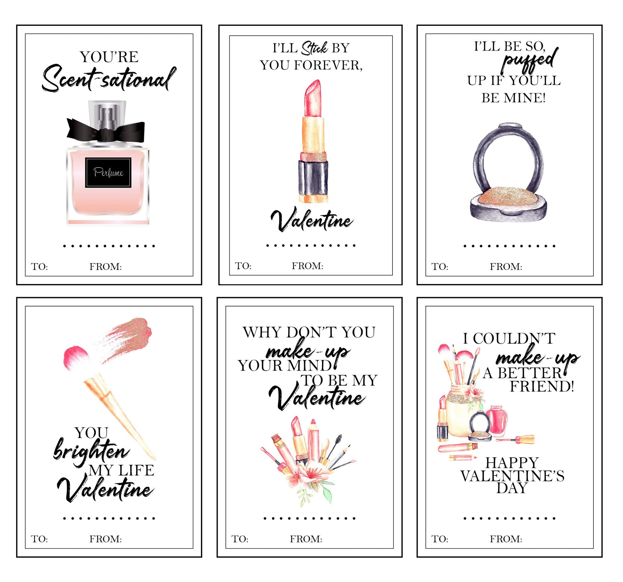 Beautiful Make Up Fashion Themed Valentine's Day Card Set (Set of 24) Valentine Spa Classroom School Exchange Sharing Watercolor