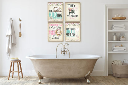 Silly Goose Gifts Hogs Pig Piggy Art Print Watercolor Design Wall Decor Set (Bathroom Set)