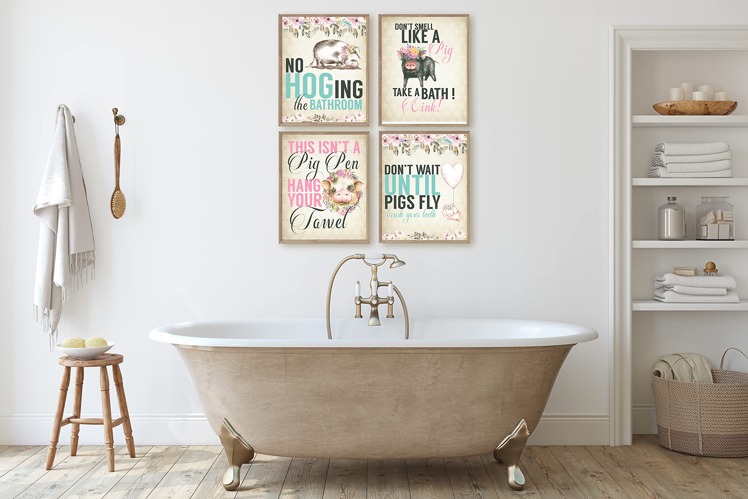 No Hog-ing The Bathroom Funny Pig Wall Art Prints - Set of 4, 8x10 Bath