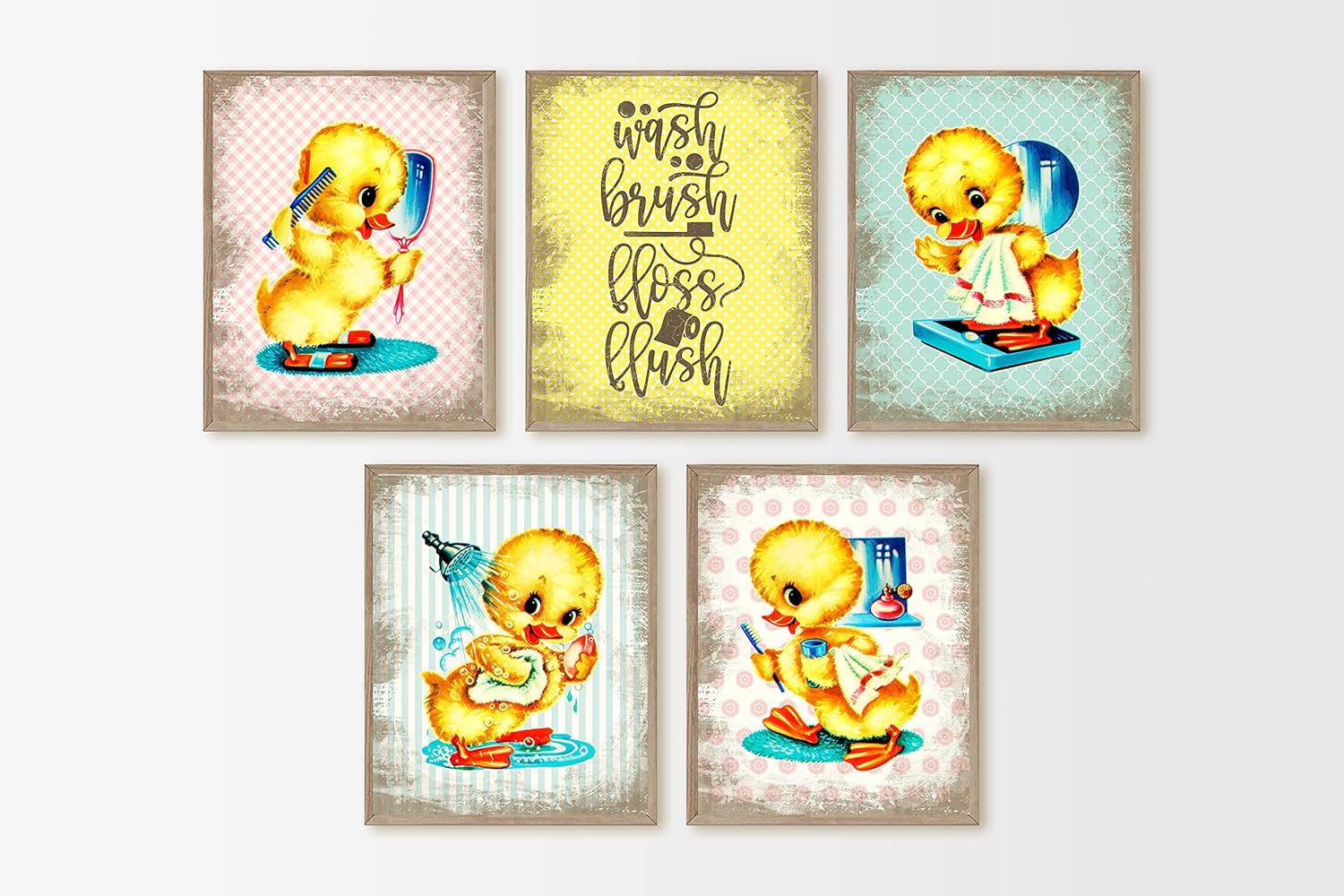 Vintage Duck Bathroom Art Print Wall Decor Set of 5, Wash Brush Floss Flush in Pastel Colors
