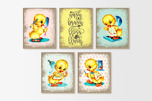 Silly Goose Gifts Vintage Duck Bathroom Themed Wall Art Print Decor (Set of Four) Decoration Wash Brush Floss Flush