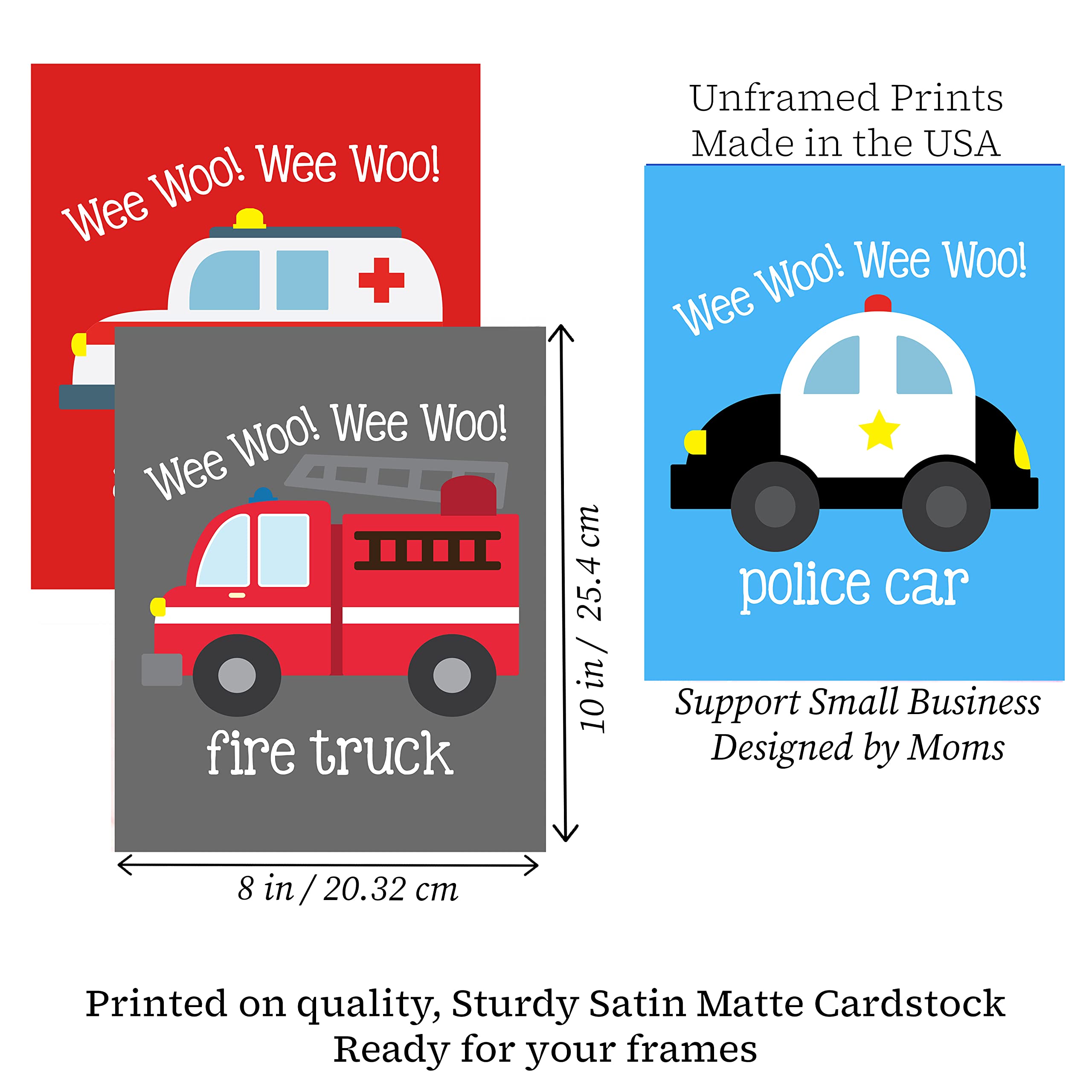 Emergency Vehicle Themed Art Prints Wall Decoration (Set of Three) Fire Truck Police Car Ambulance