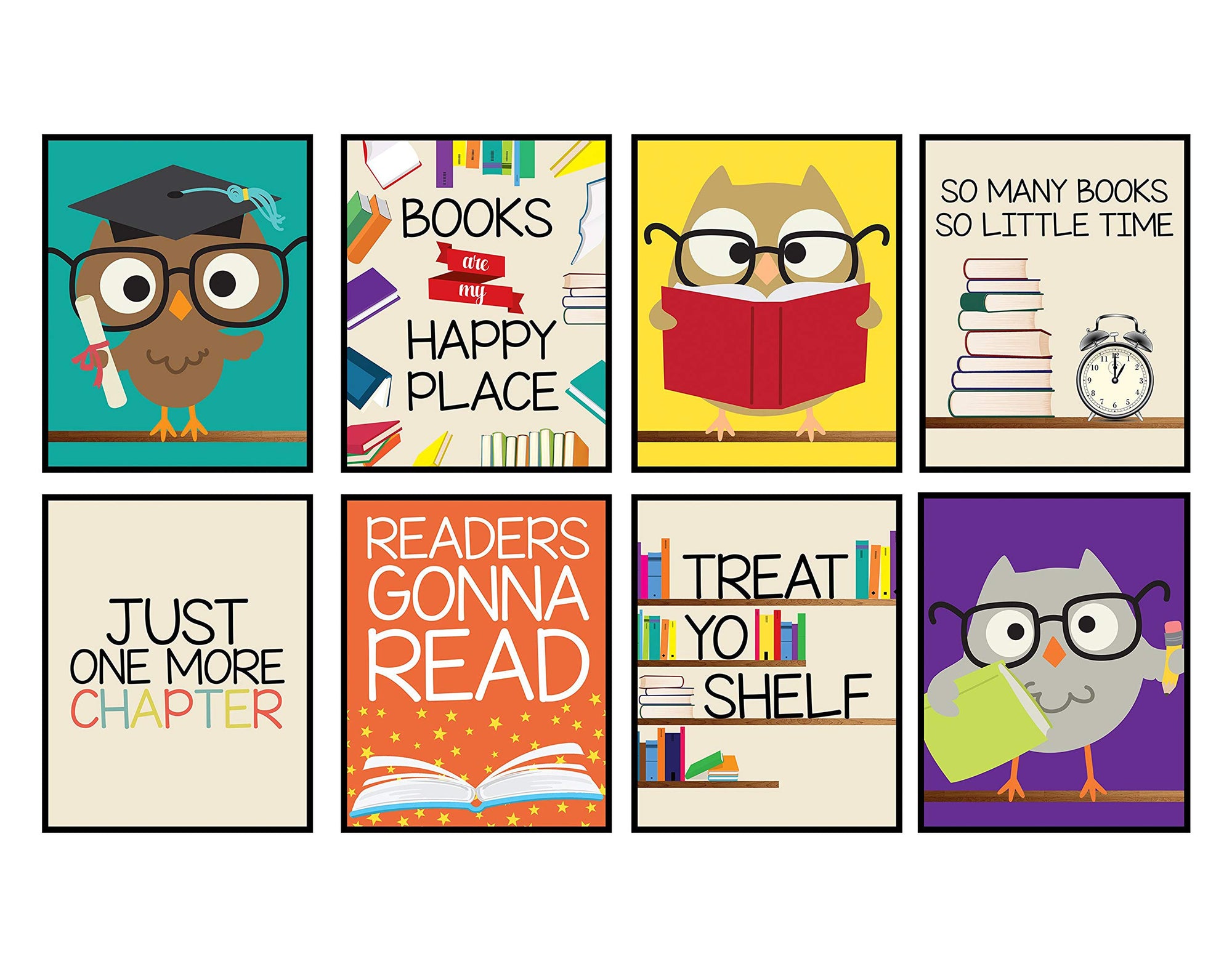 Silly Goose Gifts Books Are My Happy Place - Bright Wall Art Poster Prints - Reading Owl Quote Set for Home, Bedroom, Library, Classroom - Darling Themed Picture Hanging Art Decor - Set of 8 - Made in USA