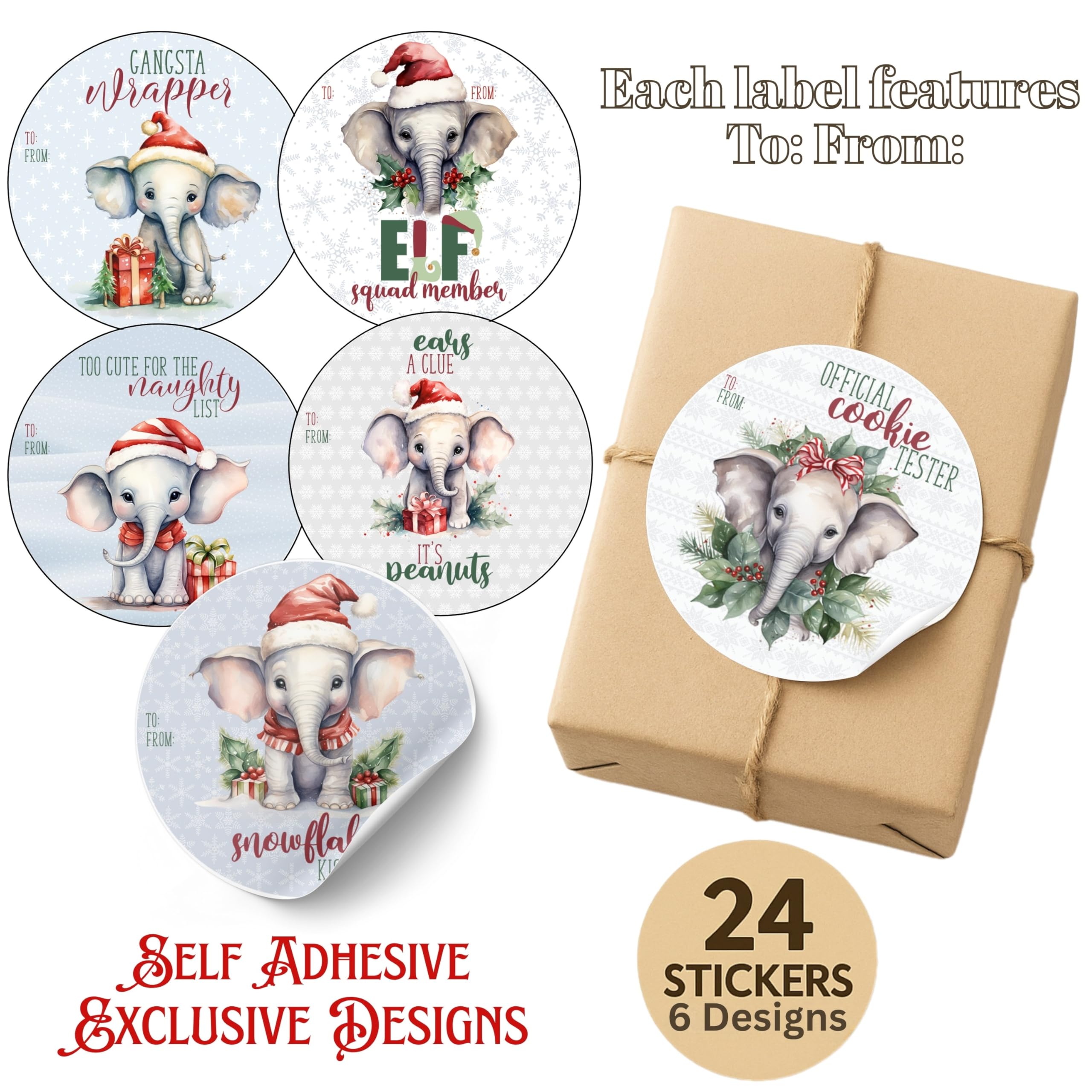 Elephant Christmas Gift Tag Stickers - Gangsta Wrapper Set of 24