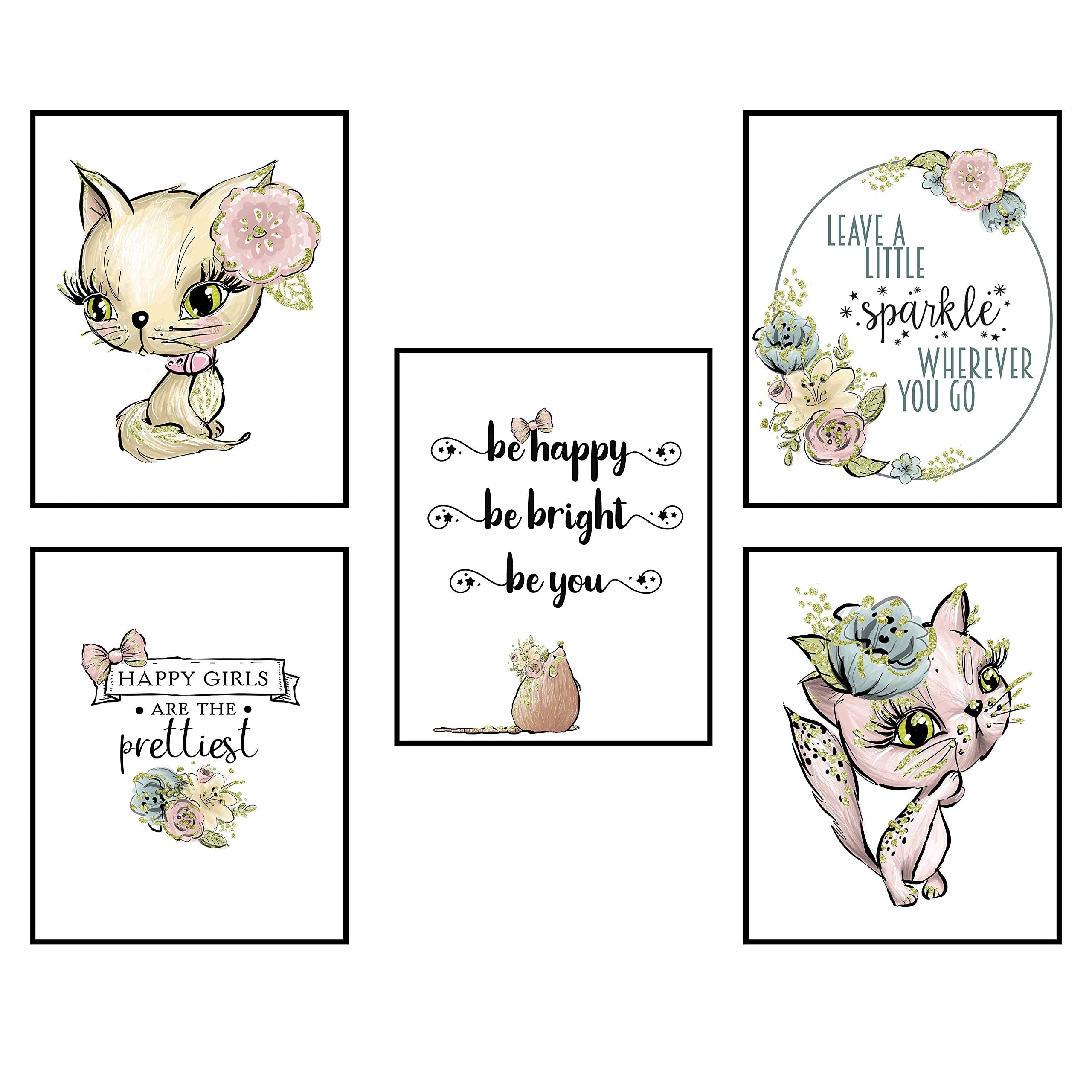 Leave A Little Sparkle Cat Gold Glitter Art Print Design Wall Decor Set