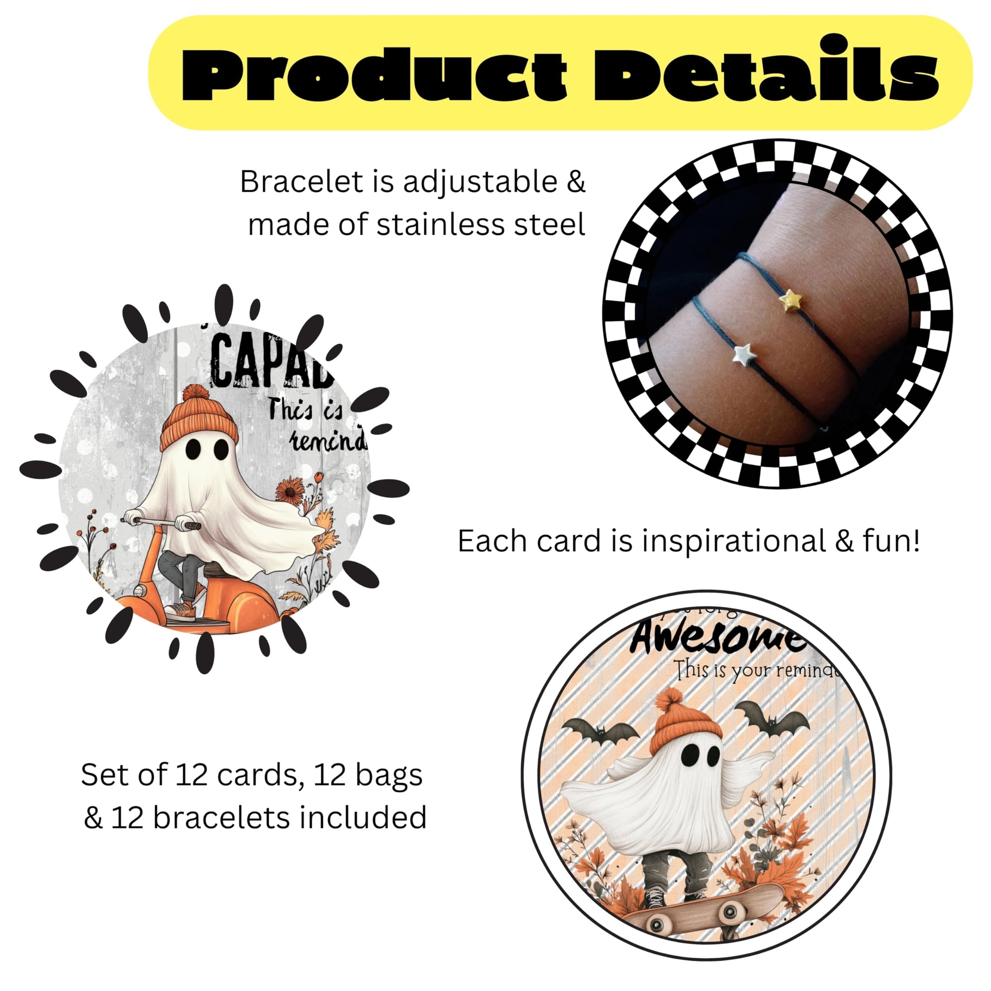 Cute Ghost Inspirational Bracelet Gift Set - 12 Bracelets & Bags Halloween Favors