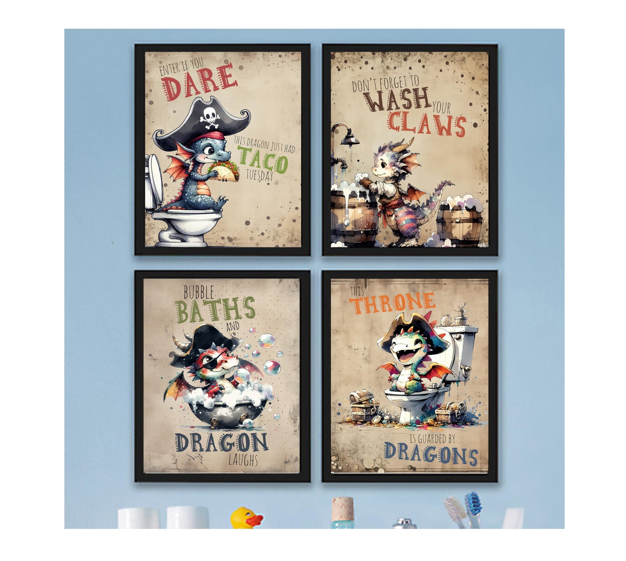 Funny Dragon Bathroom Wall Art Prints - Kids Decor, 8x10