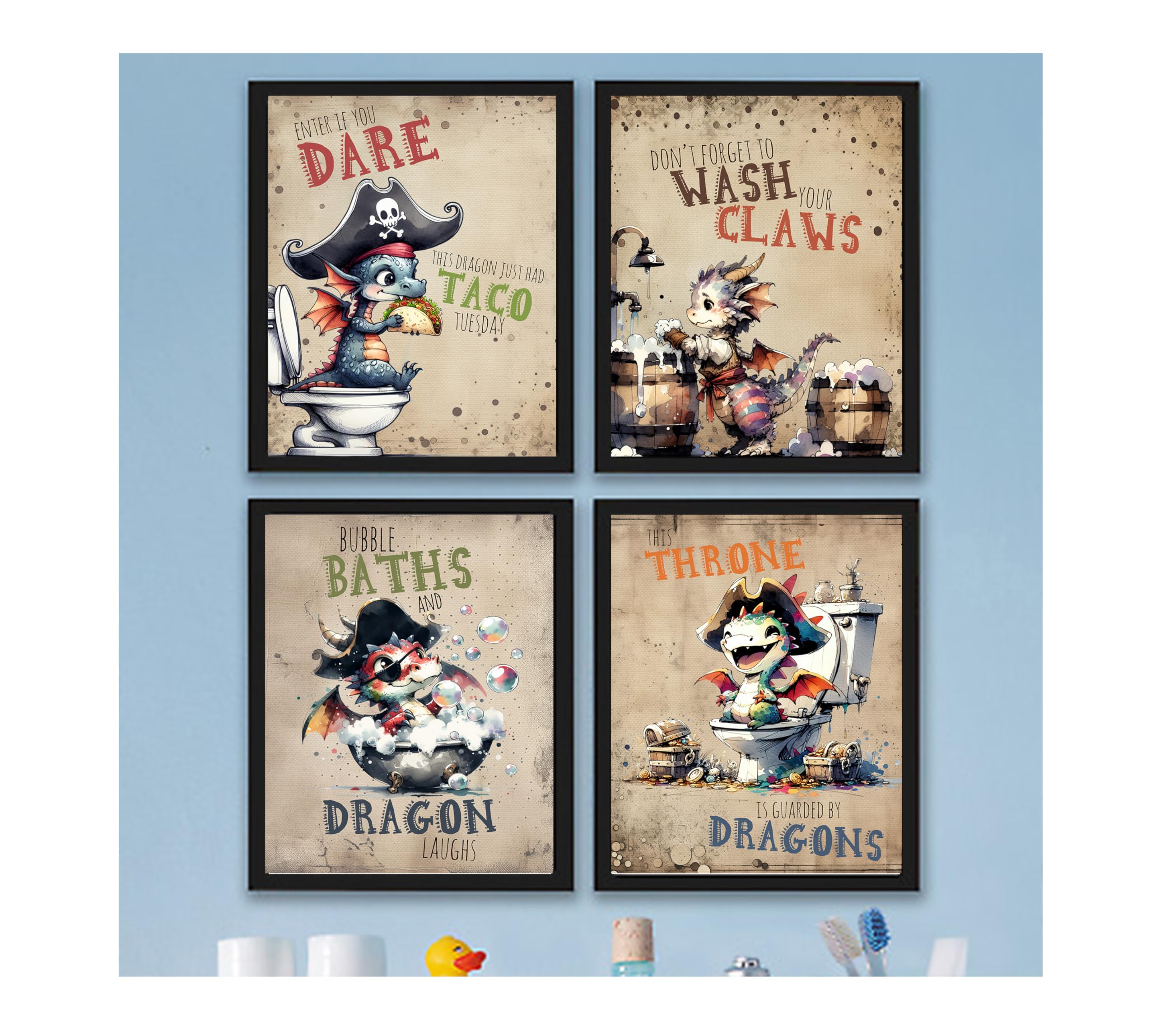 Funny Dragon Bathroom Wall Art Prints - Kids Decor, 8x10