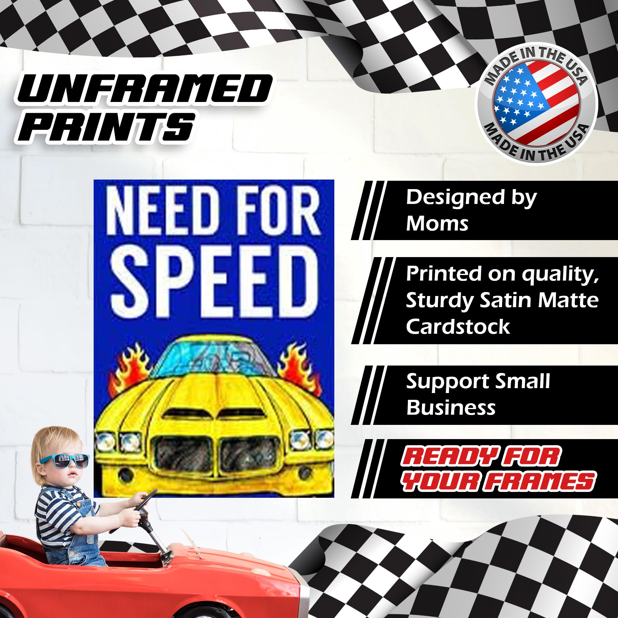 Dream Big Little Racer Race Car Wall Art Prints - 8x10 Boys Room Decor