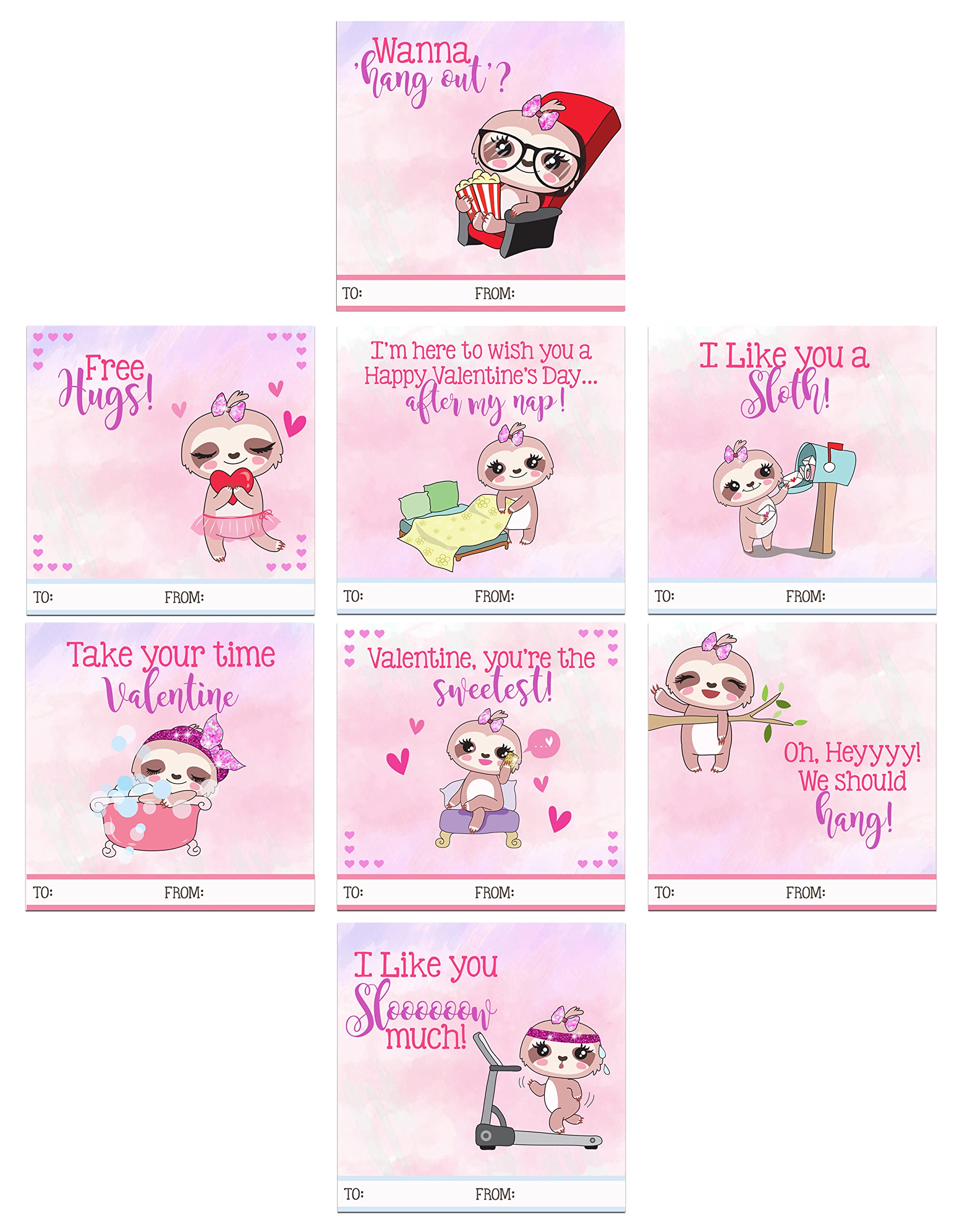 Trendy sloth Valentine's Day cards classroom exchange set of 24 for kids