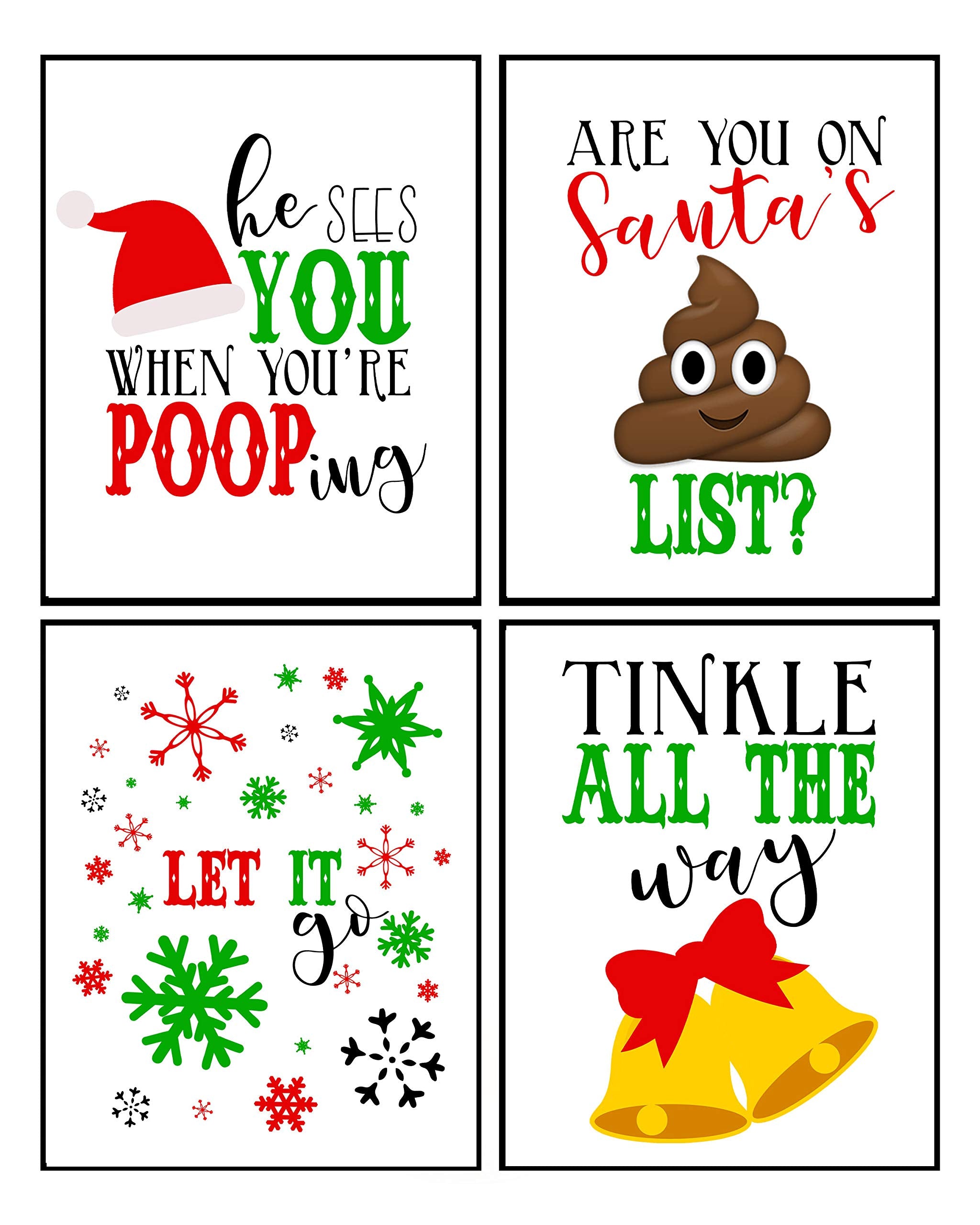 Funny Christmas Bathroom Wall Art- Holiday Humor Restroom Decor 8x10 Prints