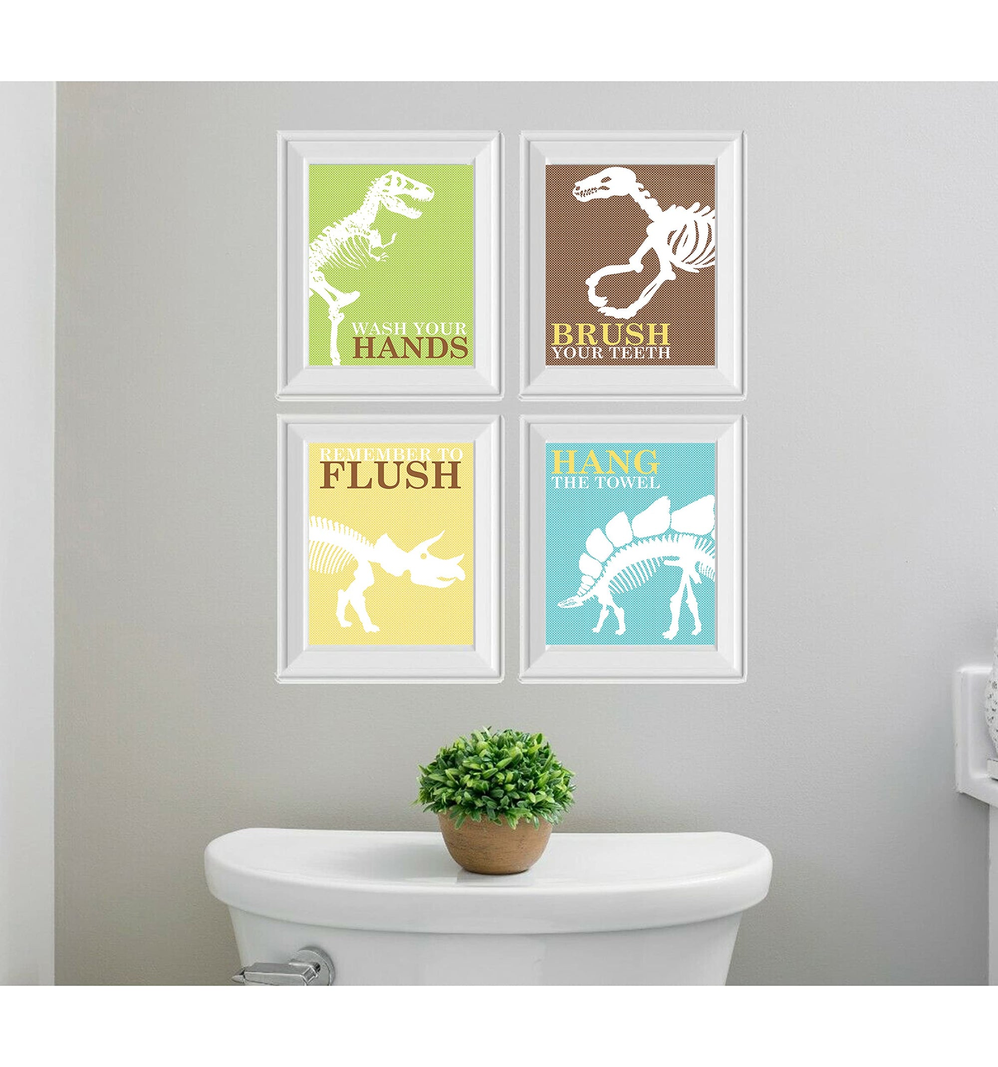 Adorable Dinosaur Kids Bathroom Wall Art Prints - Set of 4
