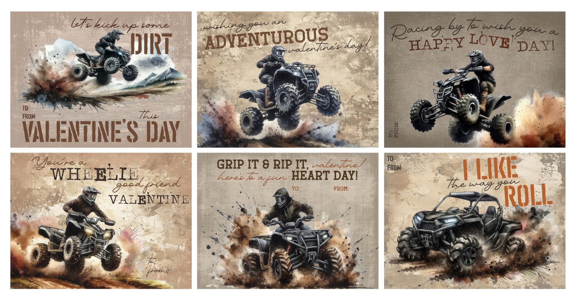ATV Quad 4x4 UTV Mud Themed Kid Valentine's Day Card Set (Set of 24) Valentine School Classroom Sharing Exchange