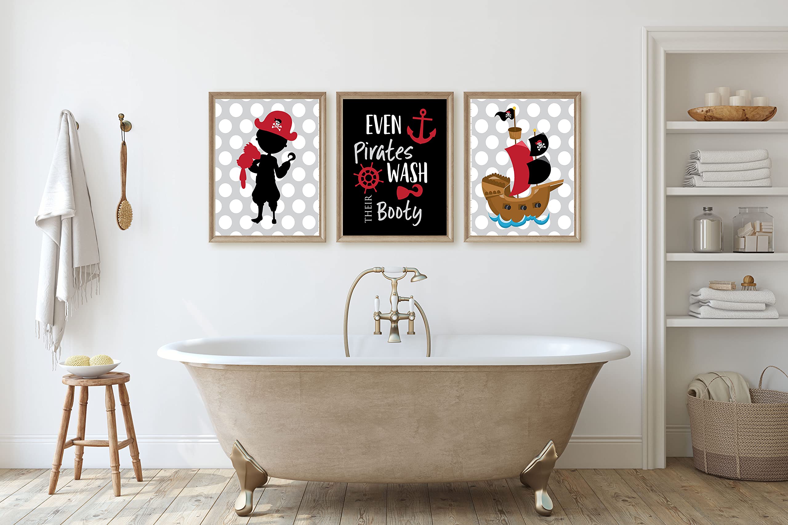 Adorable Pirate Kids Bathroom Wall Art Prints - Set of 3