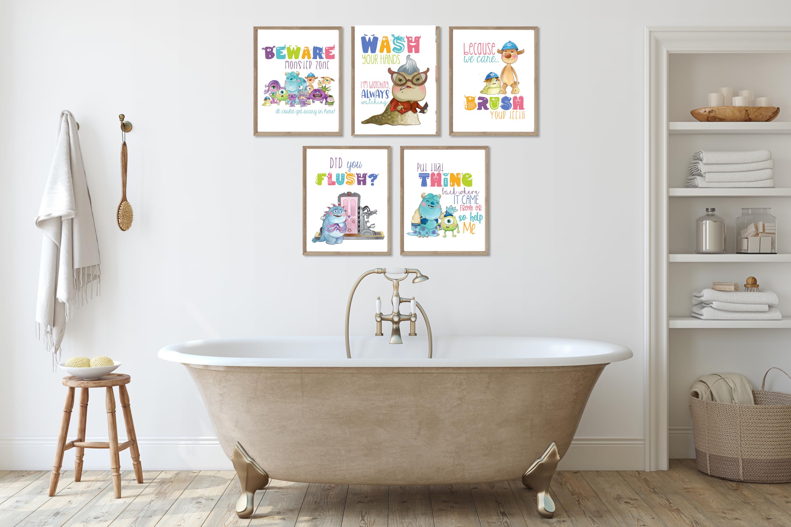 Friendly Monsters Bathroom Wall Art Prints for Kids - Set of 5