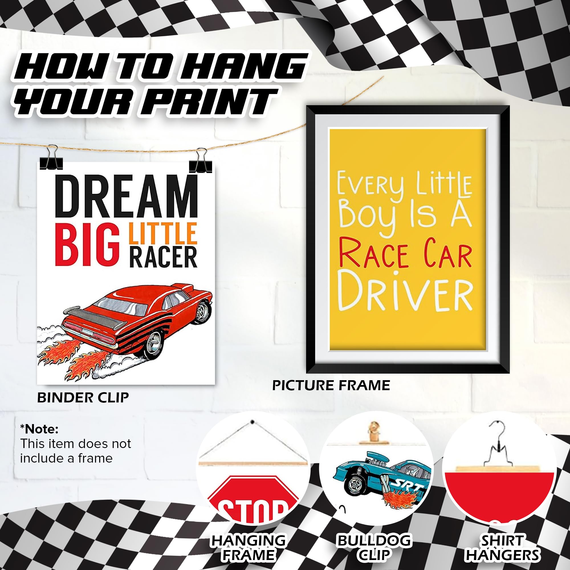 Dream Big Little Racer Race Car Wall Art Prints - 8x10 Boys Room Decor
