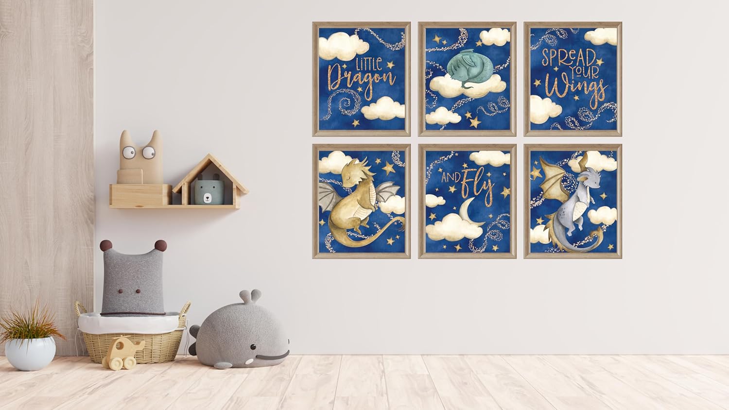 Spread Your Wings Little Dragon Themed Wall Art Prints (Set of 6) Room Decor 8x10 Blue