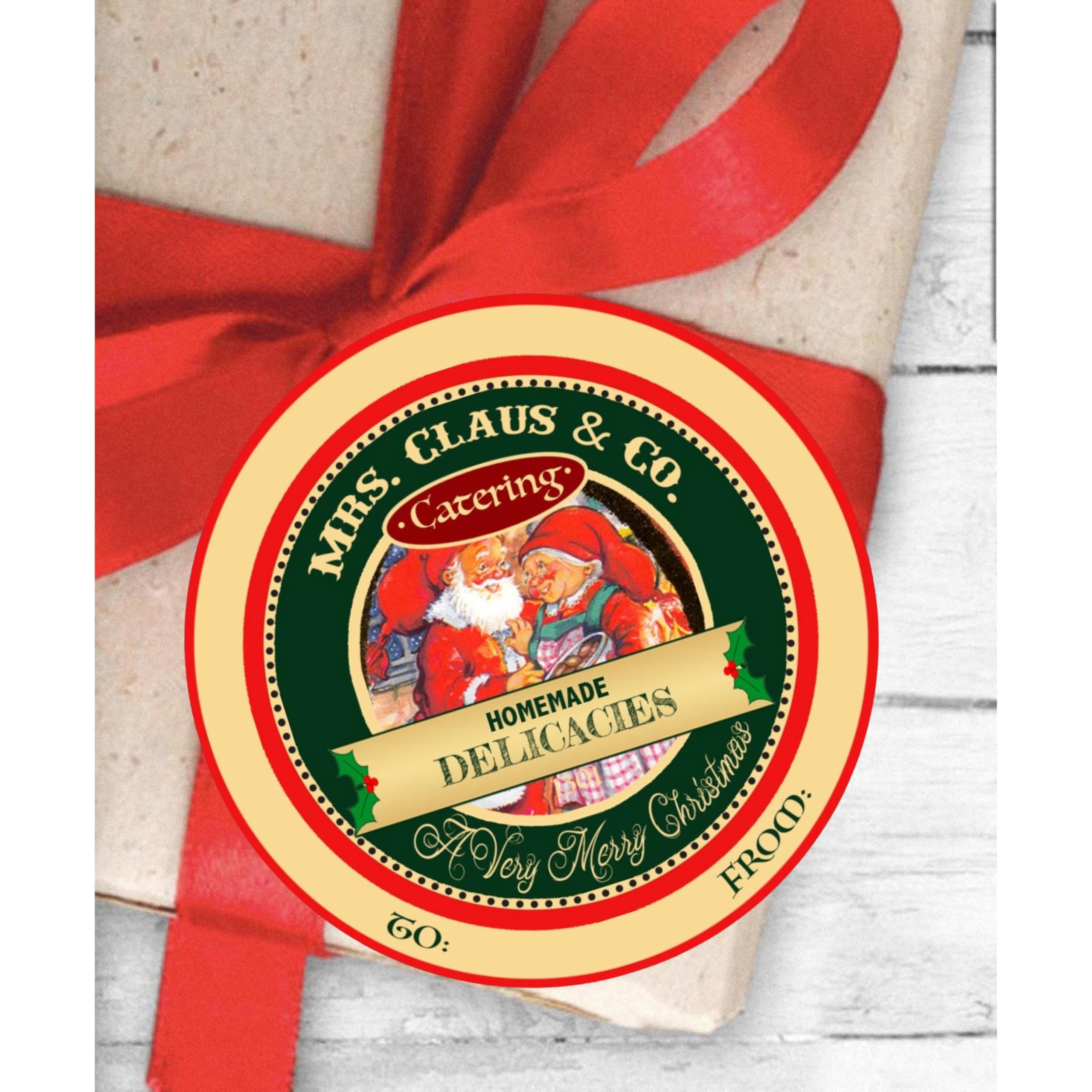Vintage Santa Workshop Mrs Claus Catering Handmade by Elves Sweet Food Cookie and Candy Label Stickers