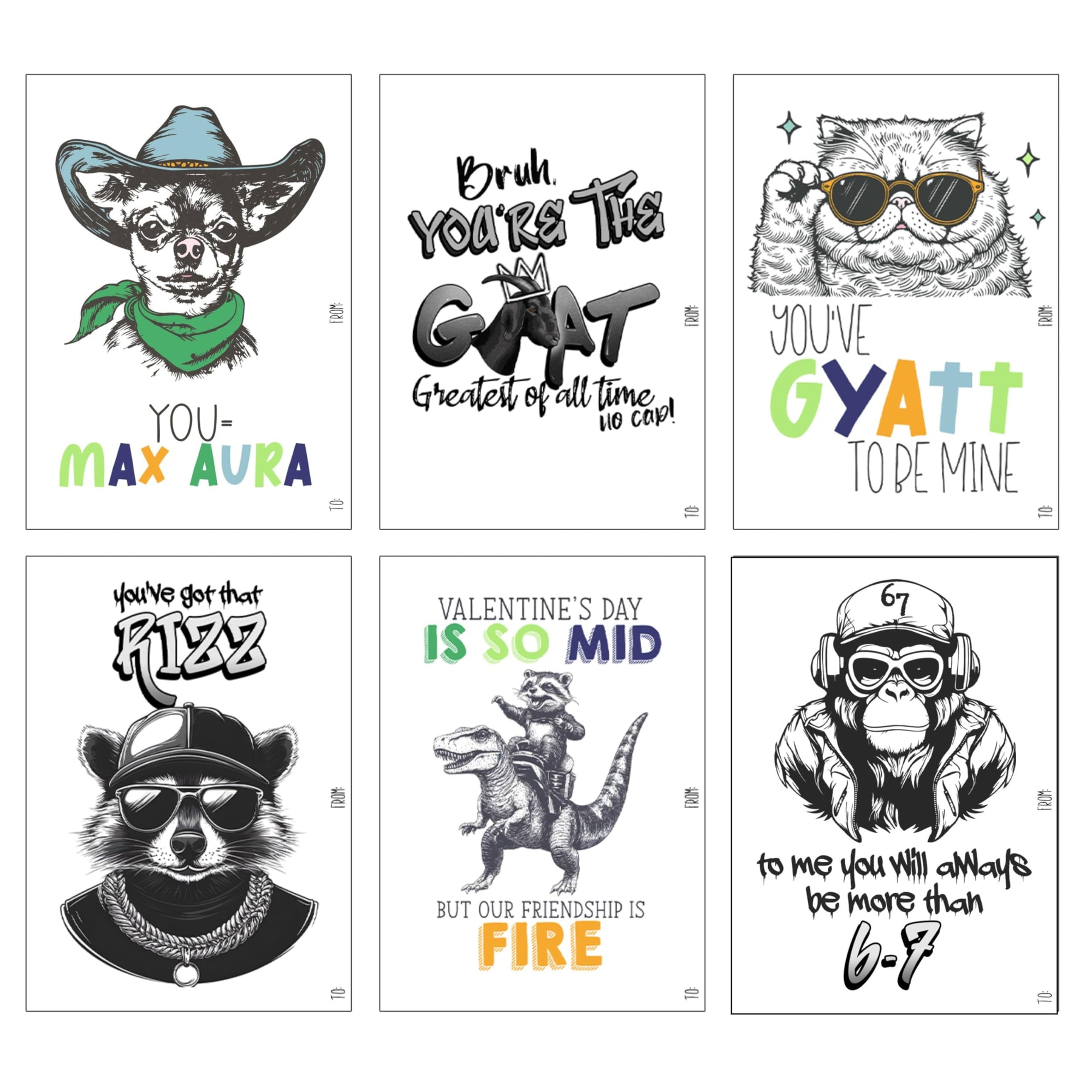 Animal Retro Hip Hop Slang Themed Valentine's Day Classroom Sharing Card Set of 24, You've Got That Rizz Bruh