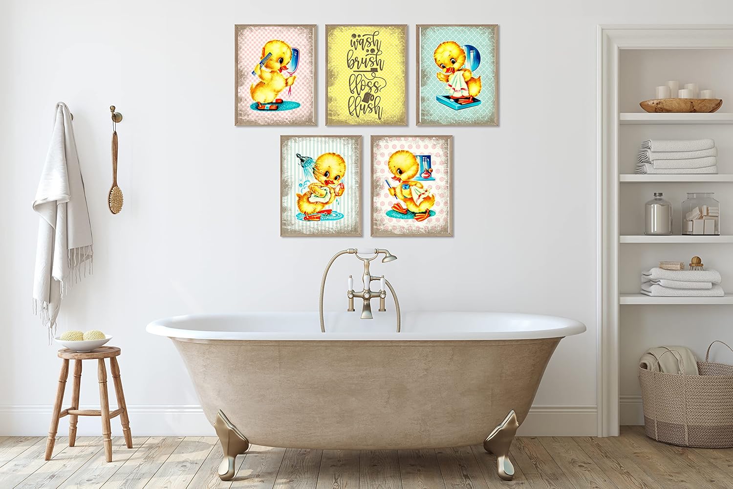 Vintage Duck Bathroom Themed Wall Art Print Decor Wash Brush Floss Flush