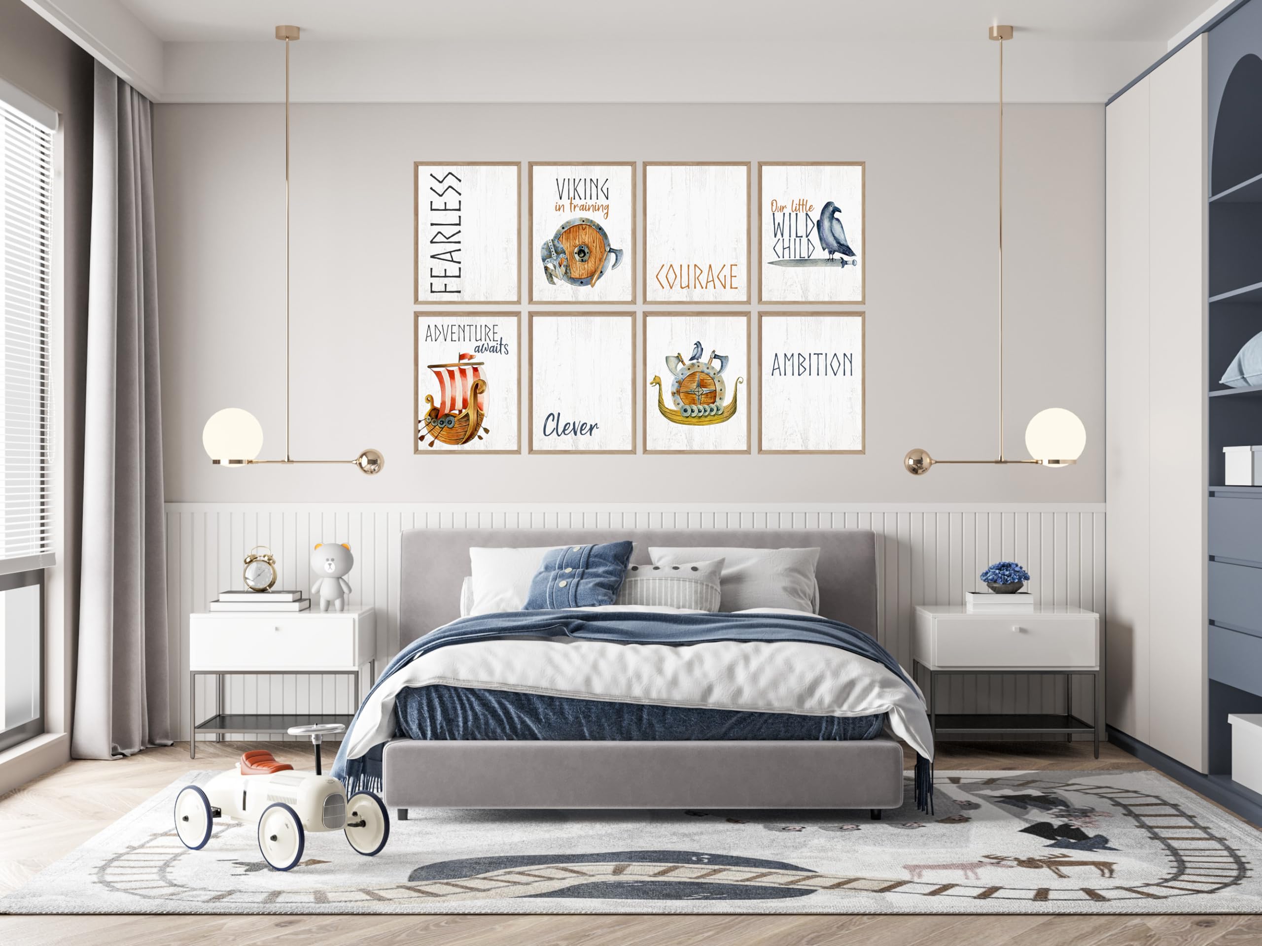 Viking Nursery Wall Art Prints - Set of 8, 8x10 Nordic Watercolor Kids Decor