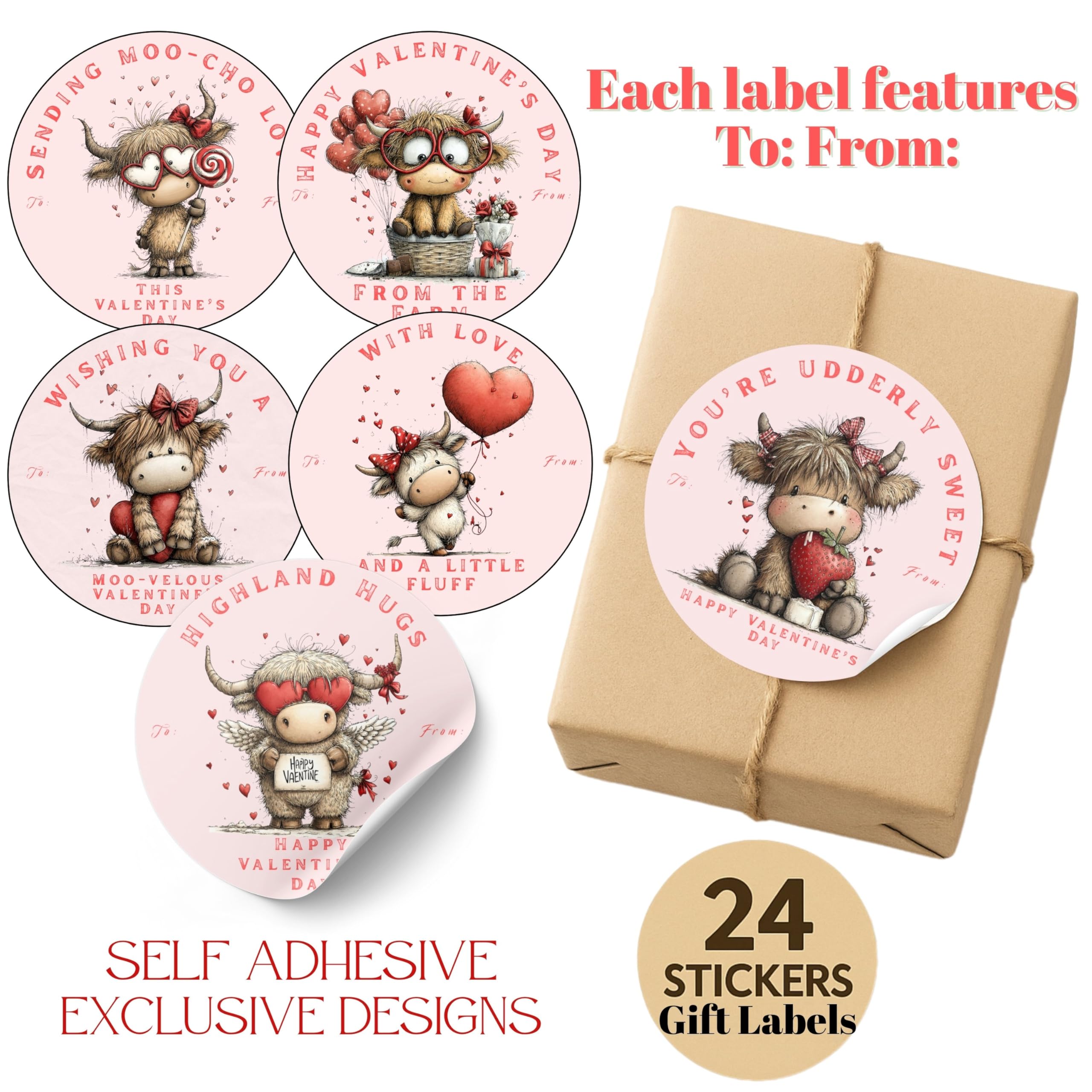 Highland Cow Hugs Valentine Gift Tag Stickers - Set of 24 Labels