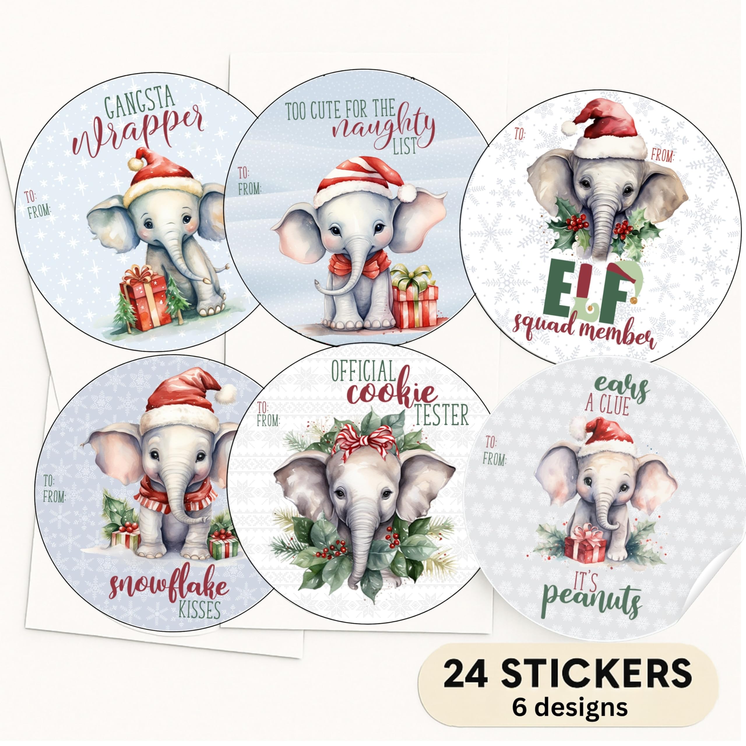 Elephant Christmas Holiday Themed Gift Tag Sticker Labels for Presents Pull Stick Labels (24 included) Self Adhesive
