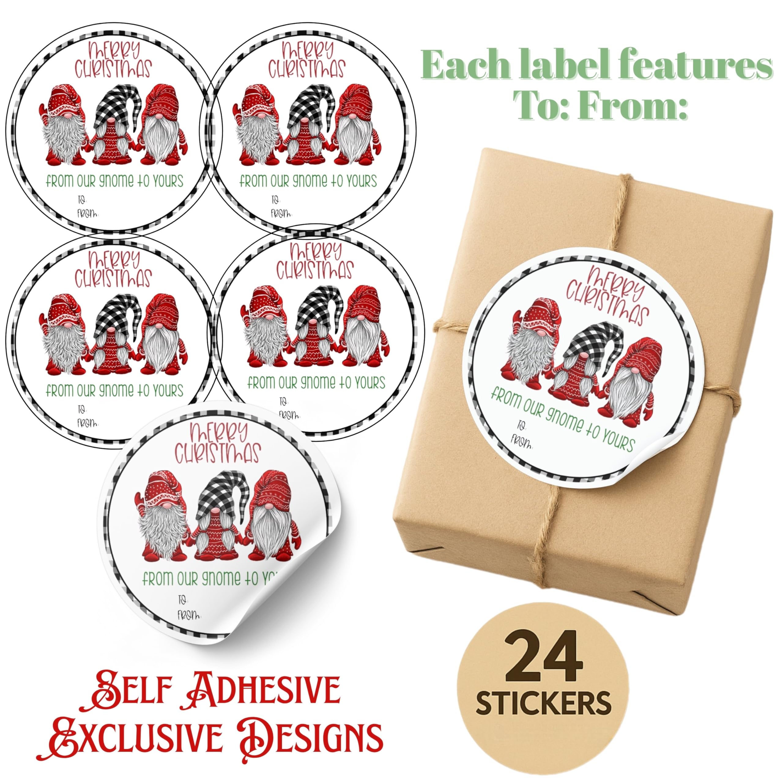 Gnome Buffalo Plaid Christmas Gift Tag Stickers - Set of 24