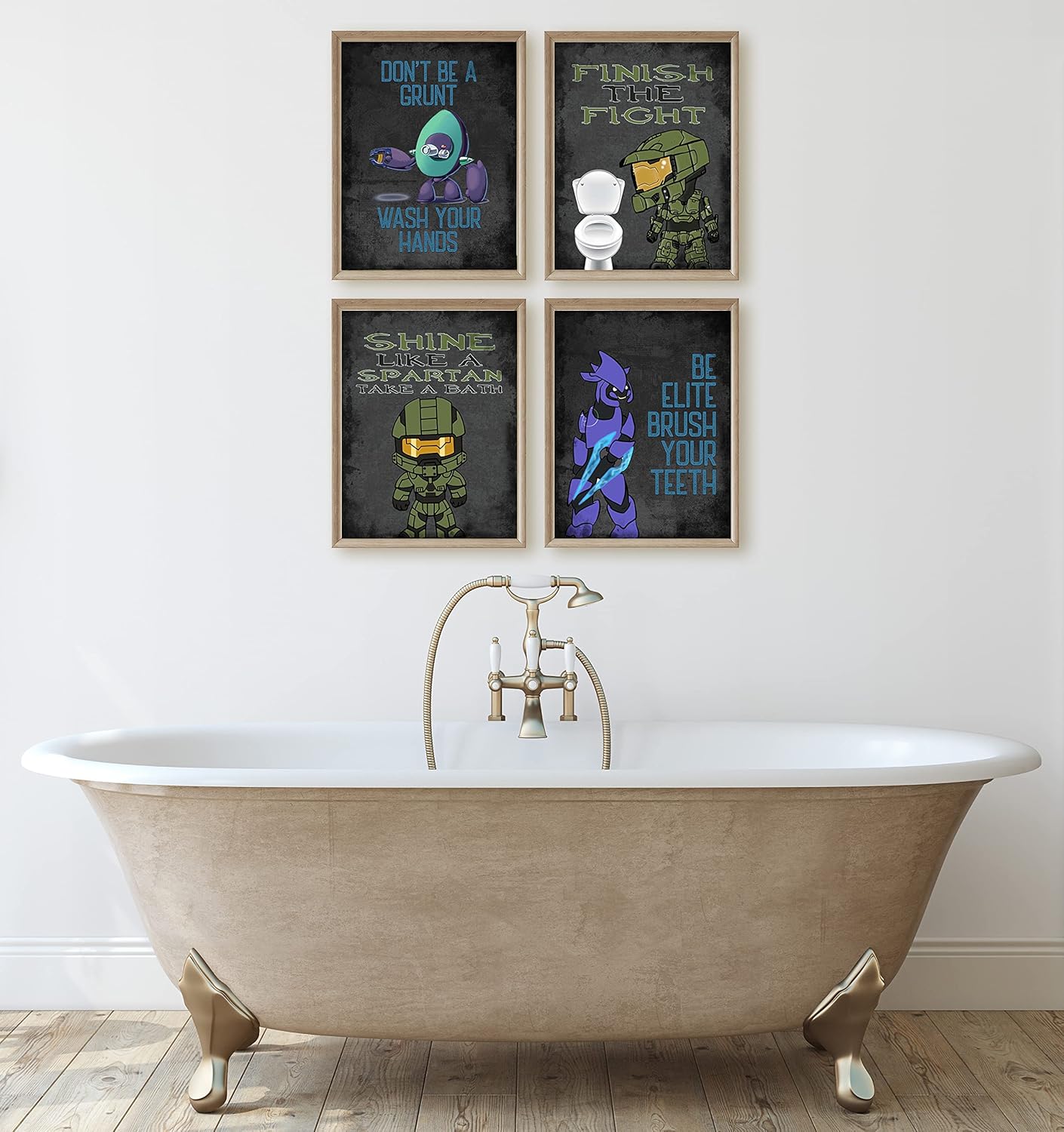 Funny Spartan Hero Video Game Bathroom Wall Art Decor Print Set
