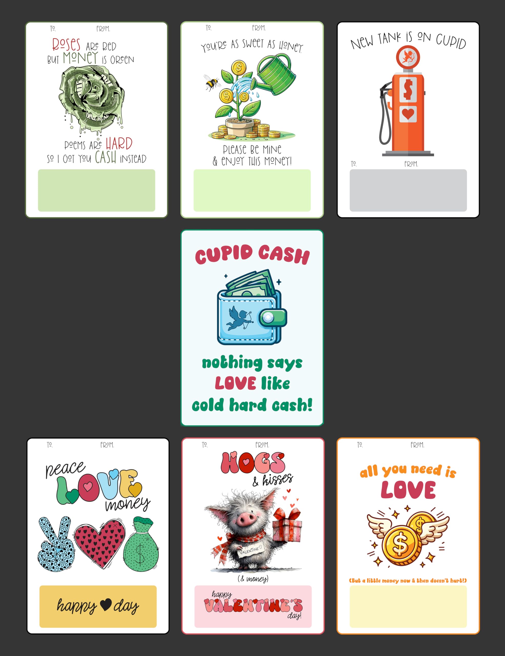 Set of six funny Valentine cash holder cards shown with fill in the blank spaces