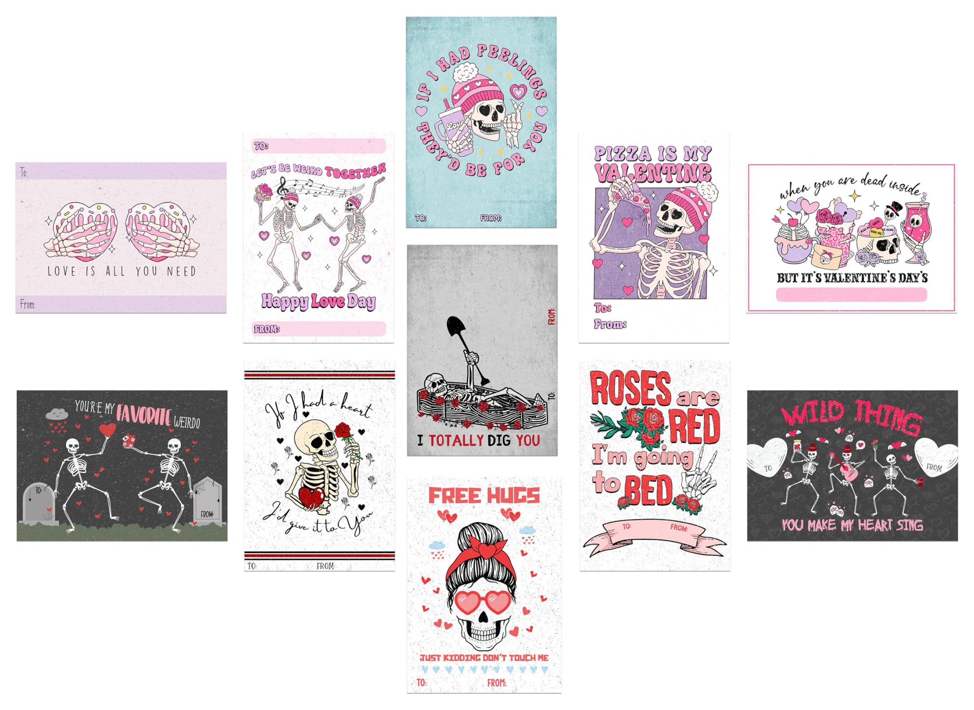 Funny Snarky Skeleton Valentine's Day Classroom Sharing Card Set of 24, Assorted Designs - You're My Favorite Weirdo!