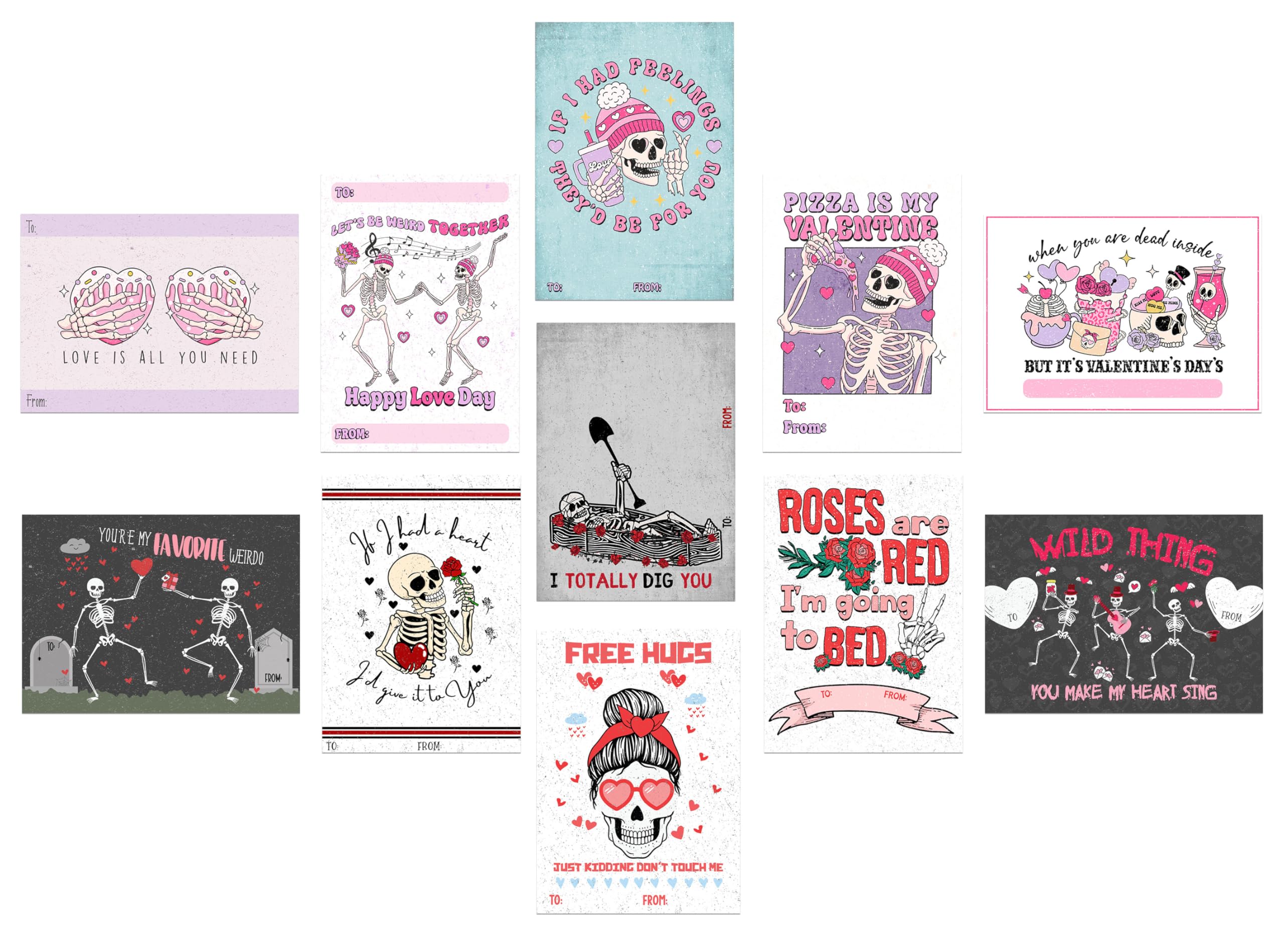 Funny Snarky Skeleton Valentine's Day Classroom Sharing Card Set of 24, Assorted Designs - You're My Favorite Weirdo!