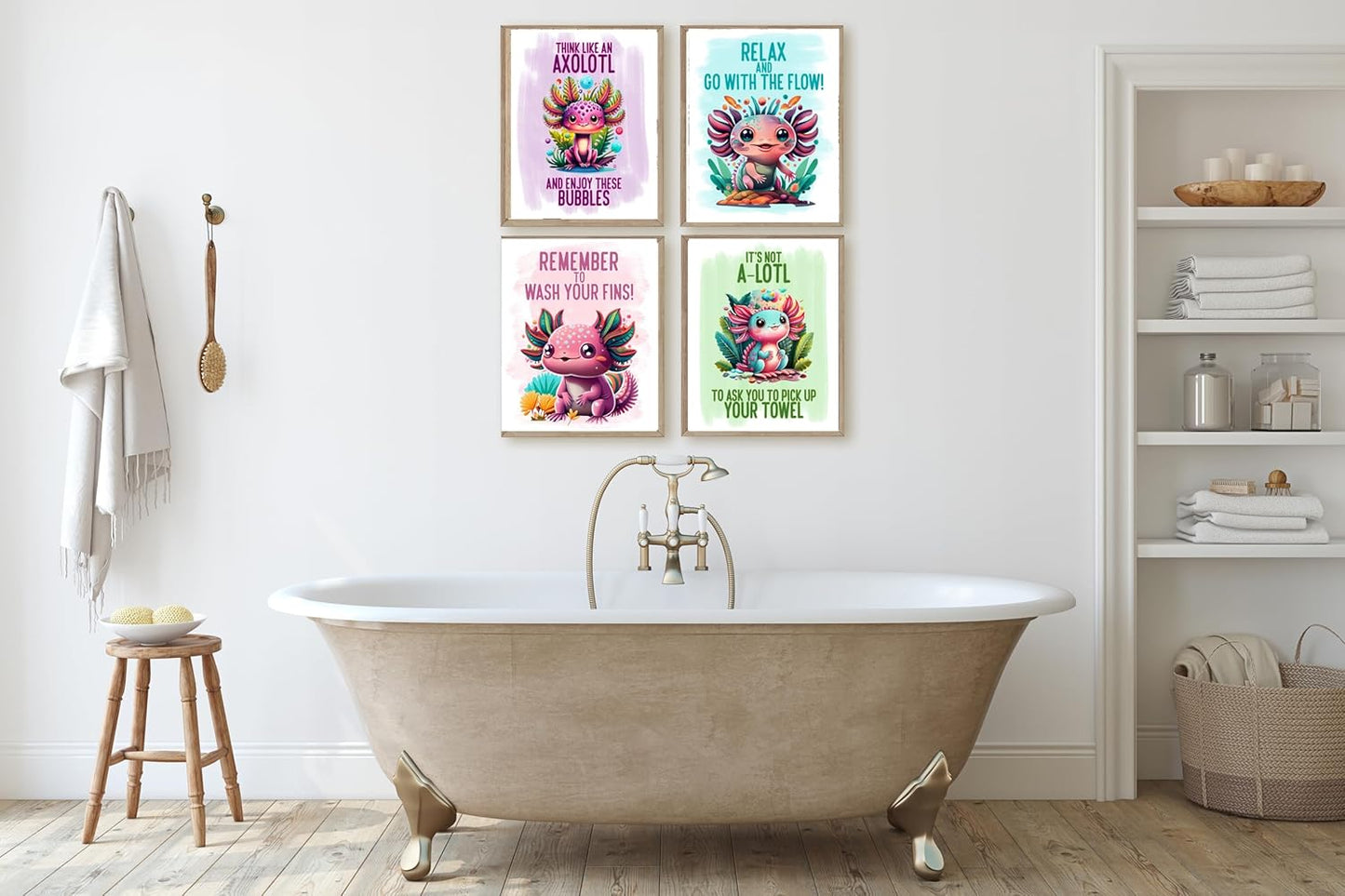 Darling Axolotl Themed Bathroom Wall Art Decor (Set of Four) Wash Fins Hang Towel Enjoy Bubbles Bath Prints Picture Sign Poster Hanging