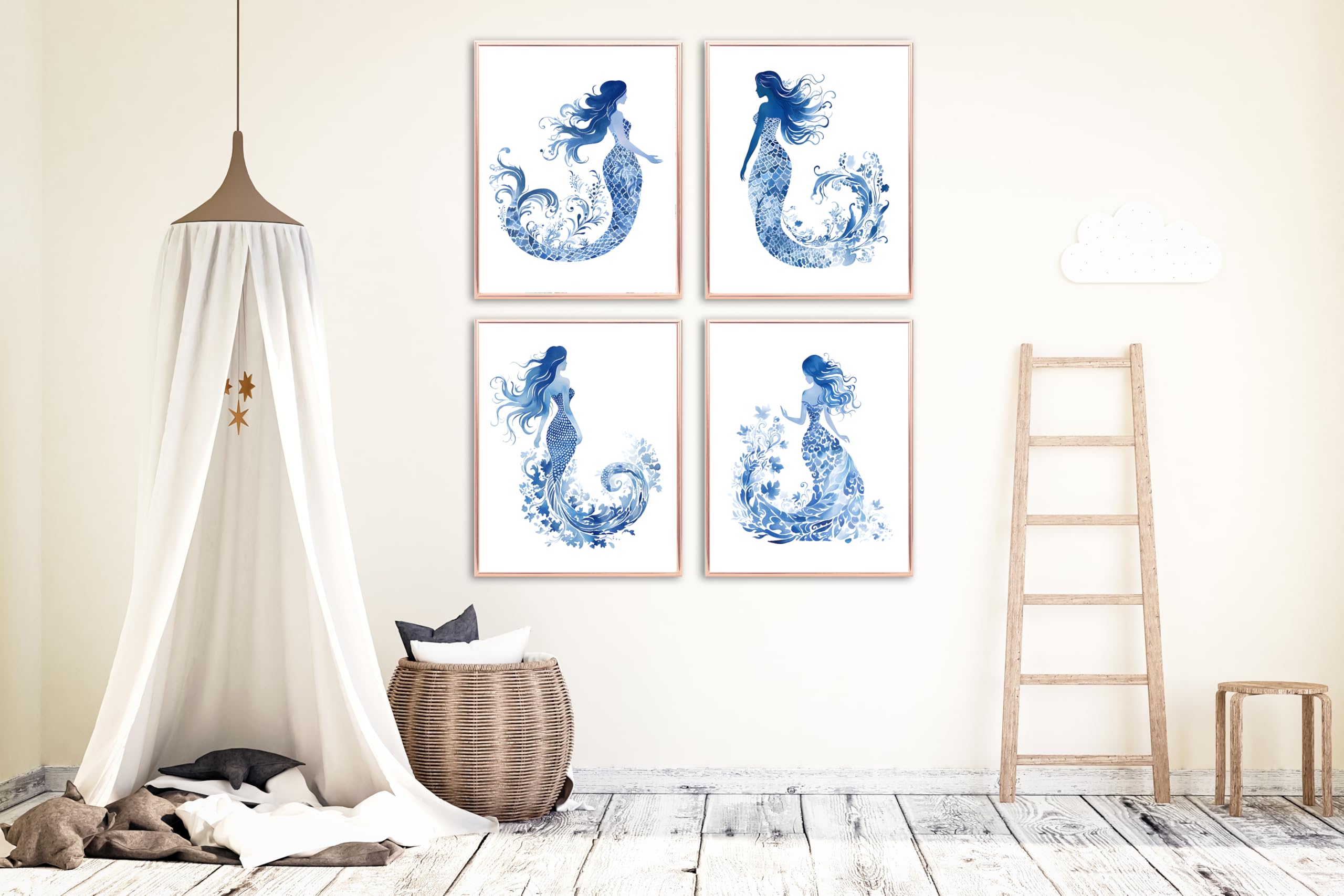 Coastal Sea Life Wall Art Prints - Blue & White Nautical Set of 4