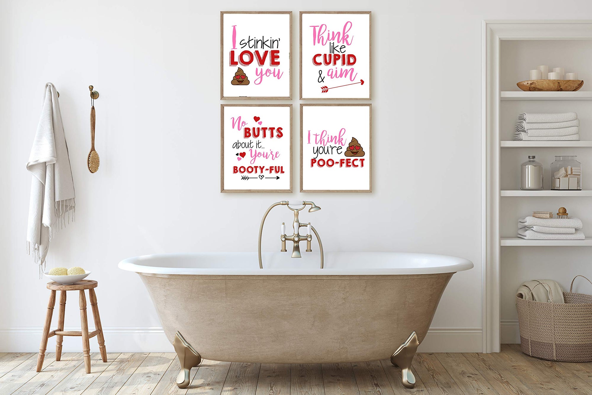 Funny Valentine bathroom print framed above a toilet as humorous powder room decor