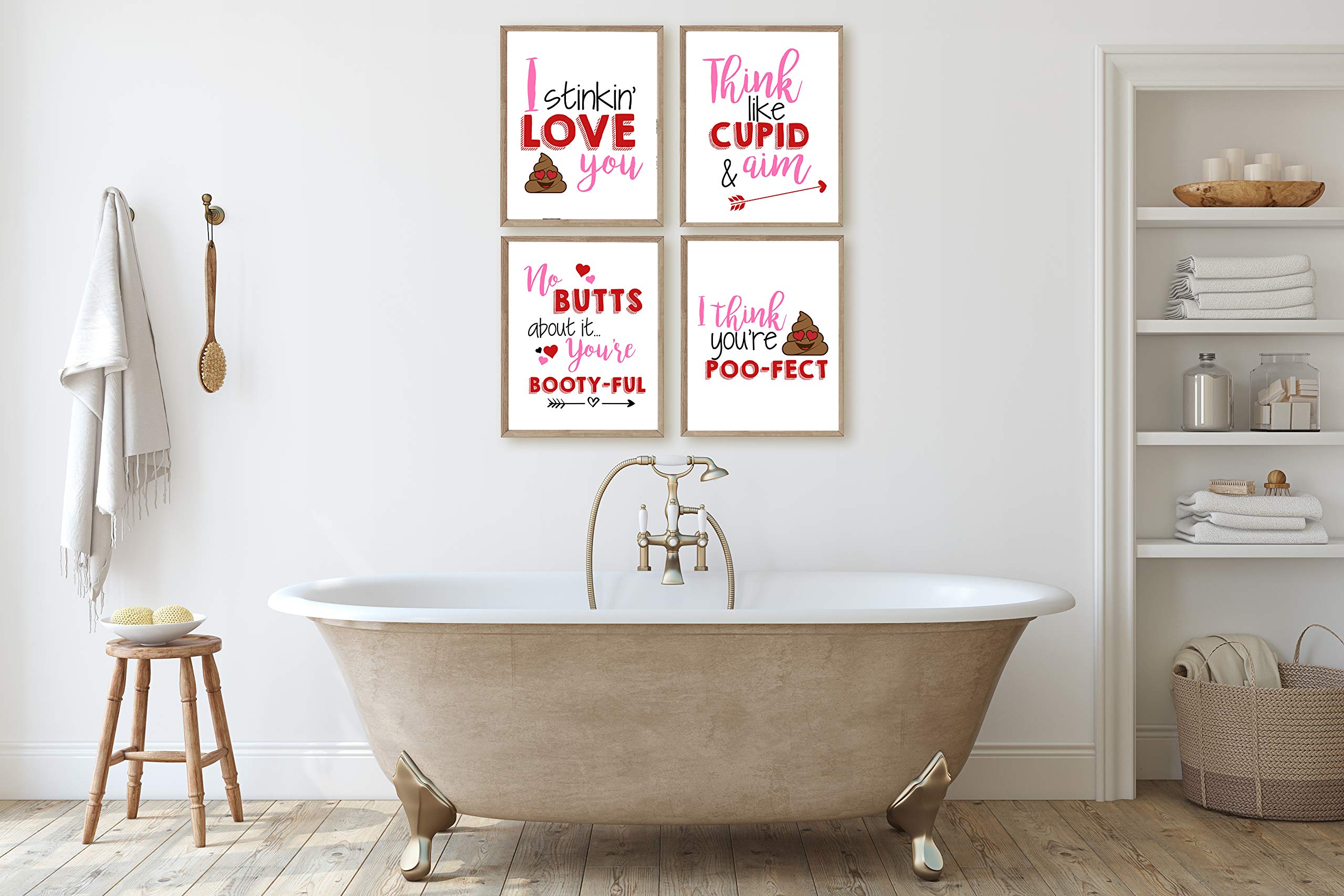 Funny Valentine bathroom print framed above a toilet as humorous powder room decor