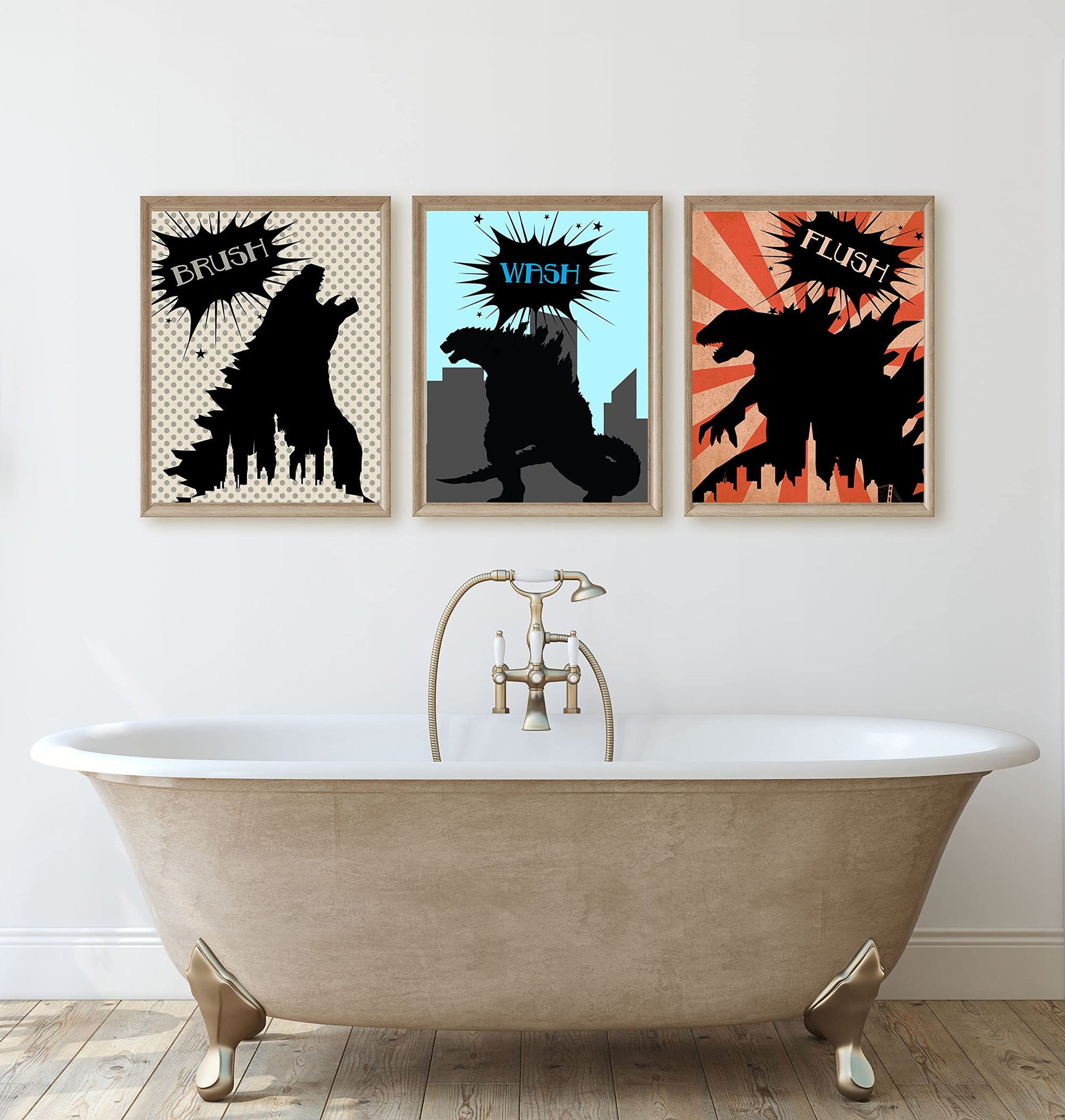 Monster Dragon Bathroom Wall Art Prints - Kids Decor Set