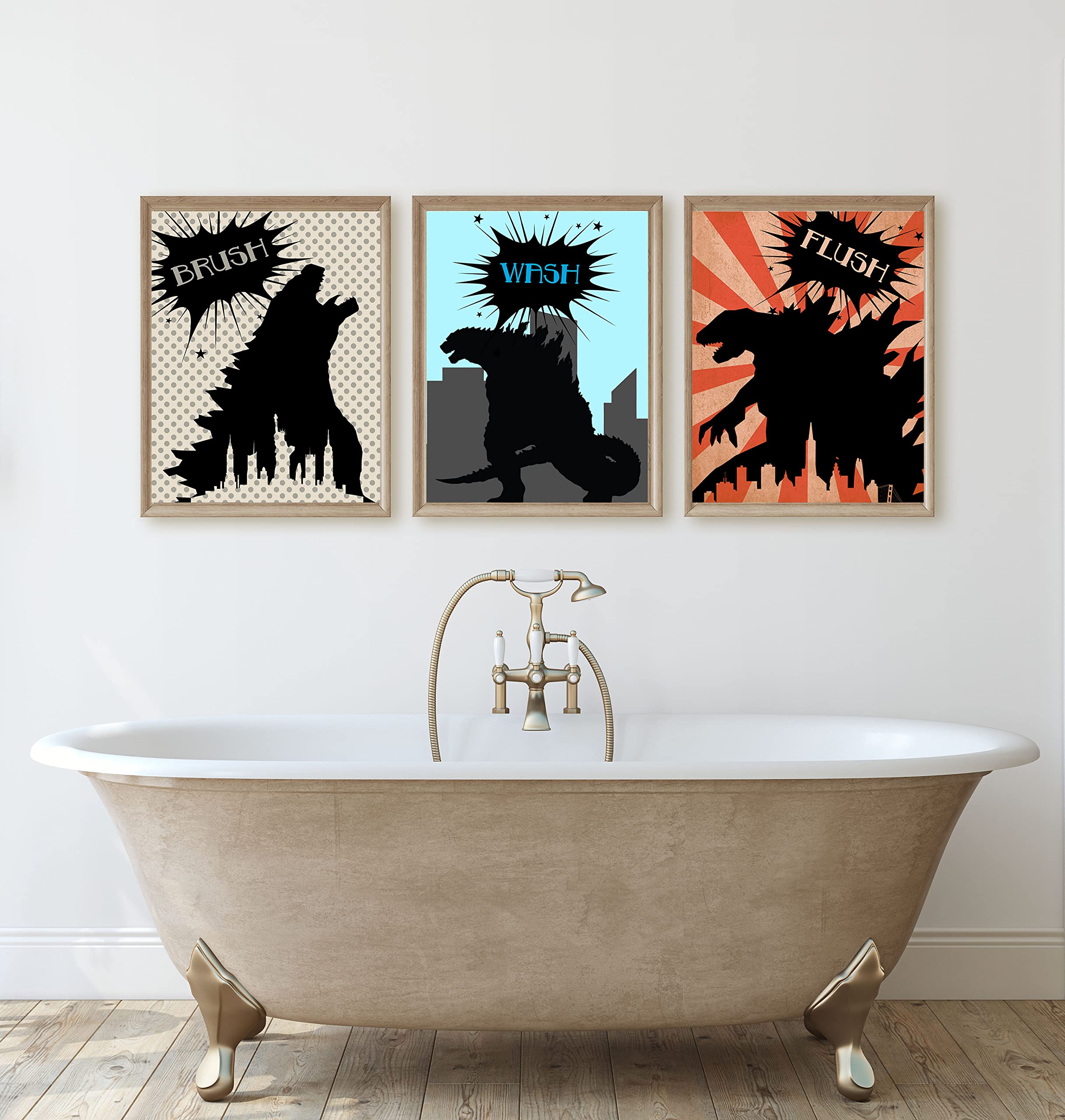 Monster Dragon Bathroom Wall Art Prints - Kids Decor Set