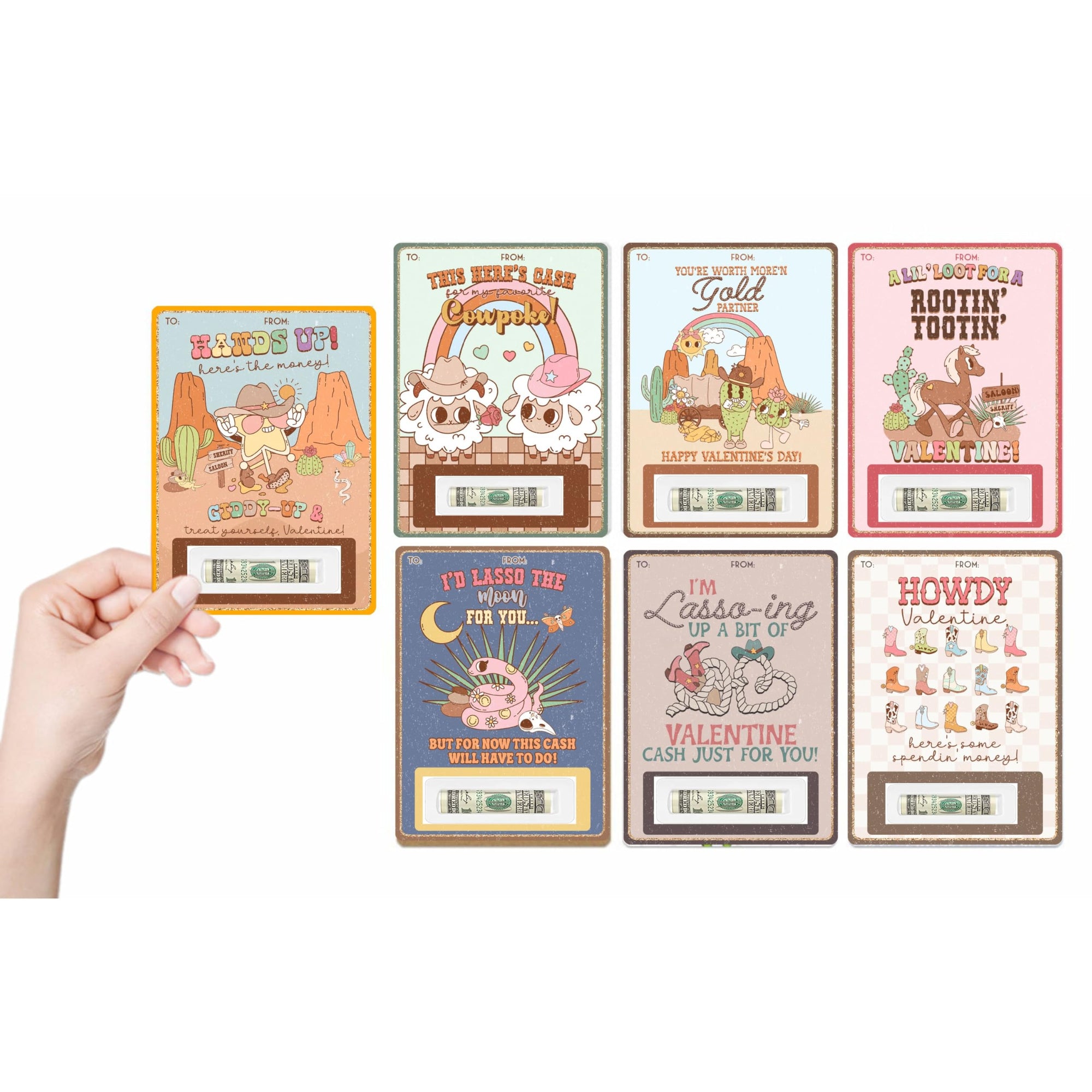 Western cowboy Valentine money holder cards set of 9 with plastic domes for cash