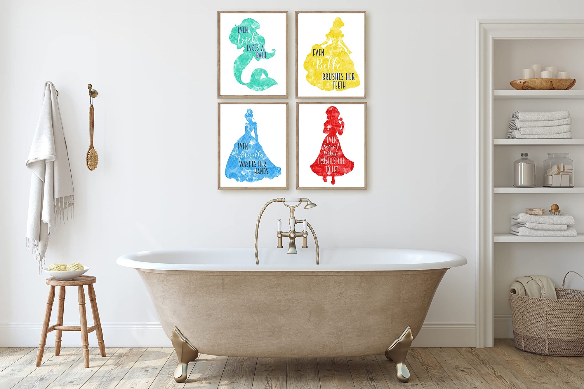 Princess themed girls bathroom wall art print set of four