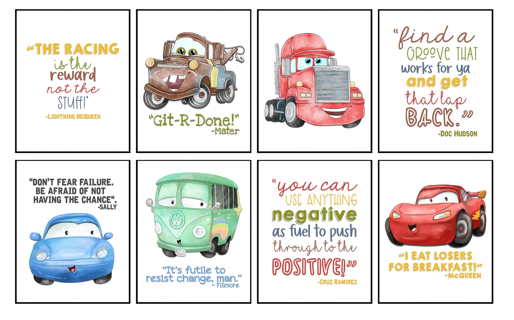 Fun Hand Drawn Race Cars Wall Art Prints, Racing Quote Themed Motivational Sign Pictures Hanging Gallery Posters, Cartoon Inspire Room Home Decor, Kids Boy Girl Decoration