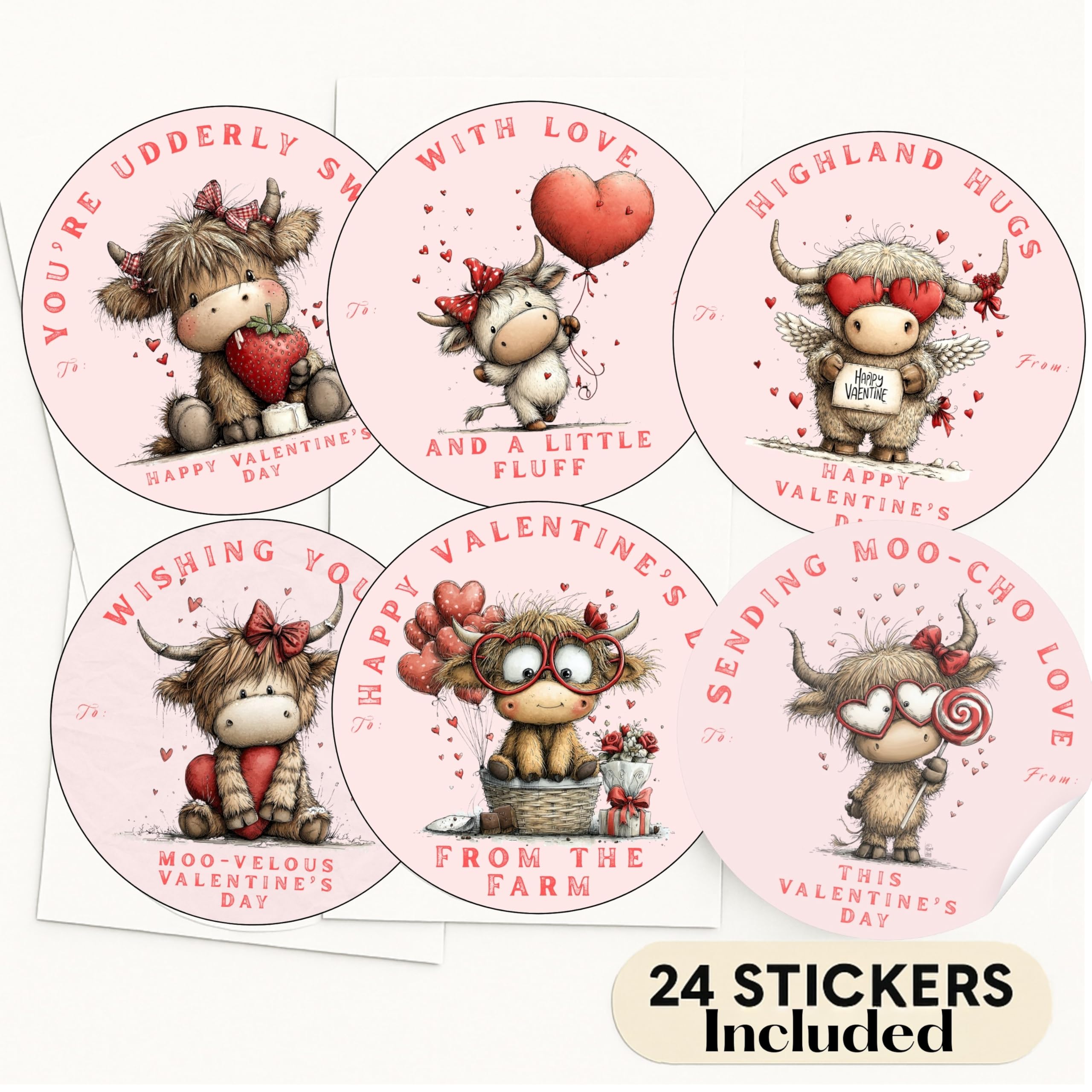 Highland Cow Hugs Themed Valentines Day Gift Tag Sticker Labels for Presents Pull Stick Labels (24 included) Self Adhesive