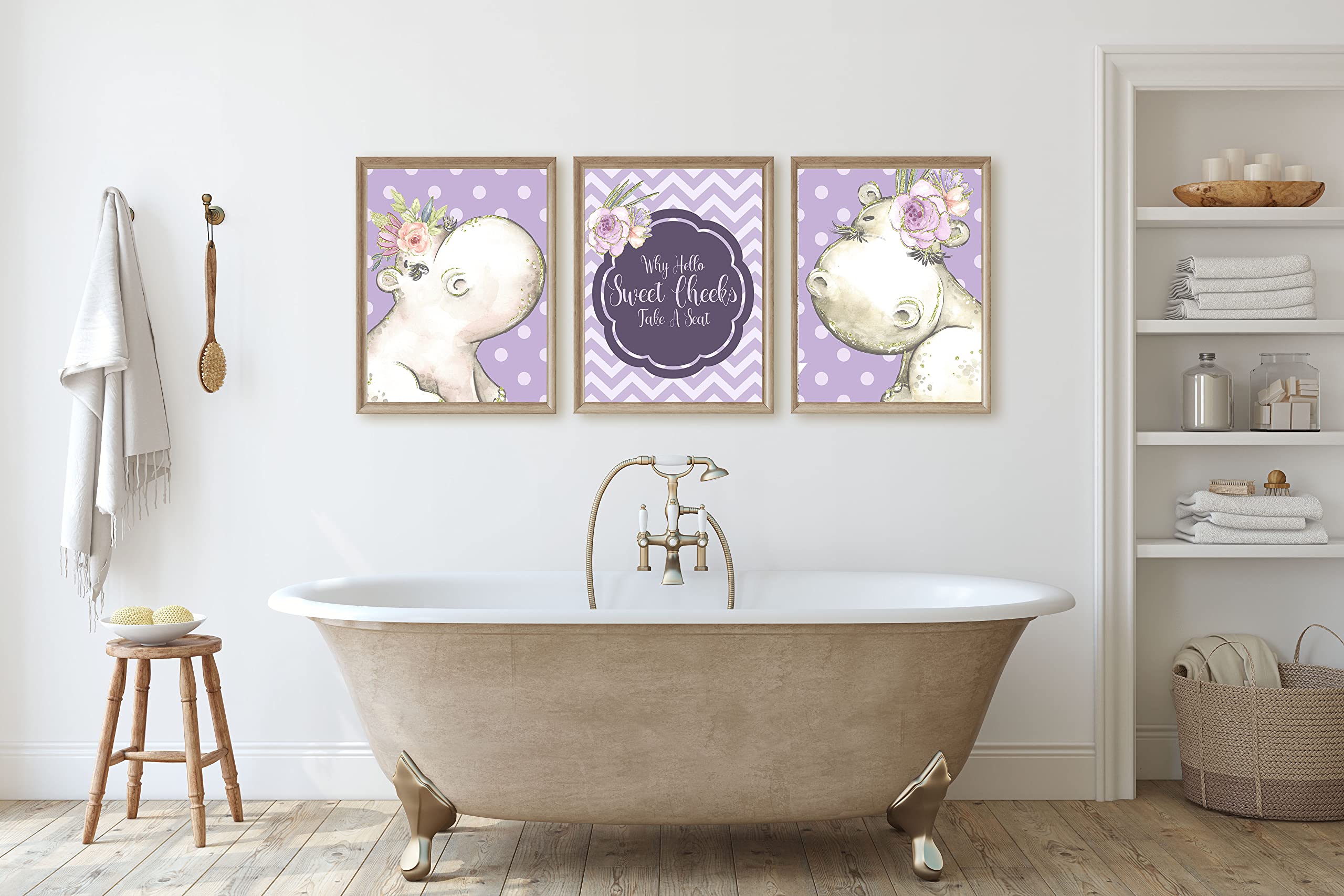 Why Hello Sweet Cheeks Funny Hippo Bathroom Wall Art Prints - Set of 3