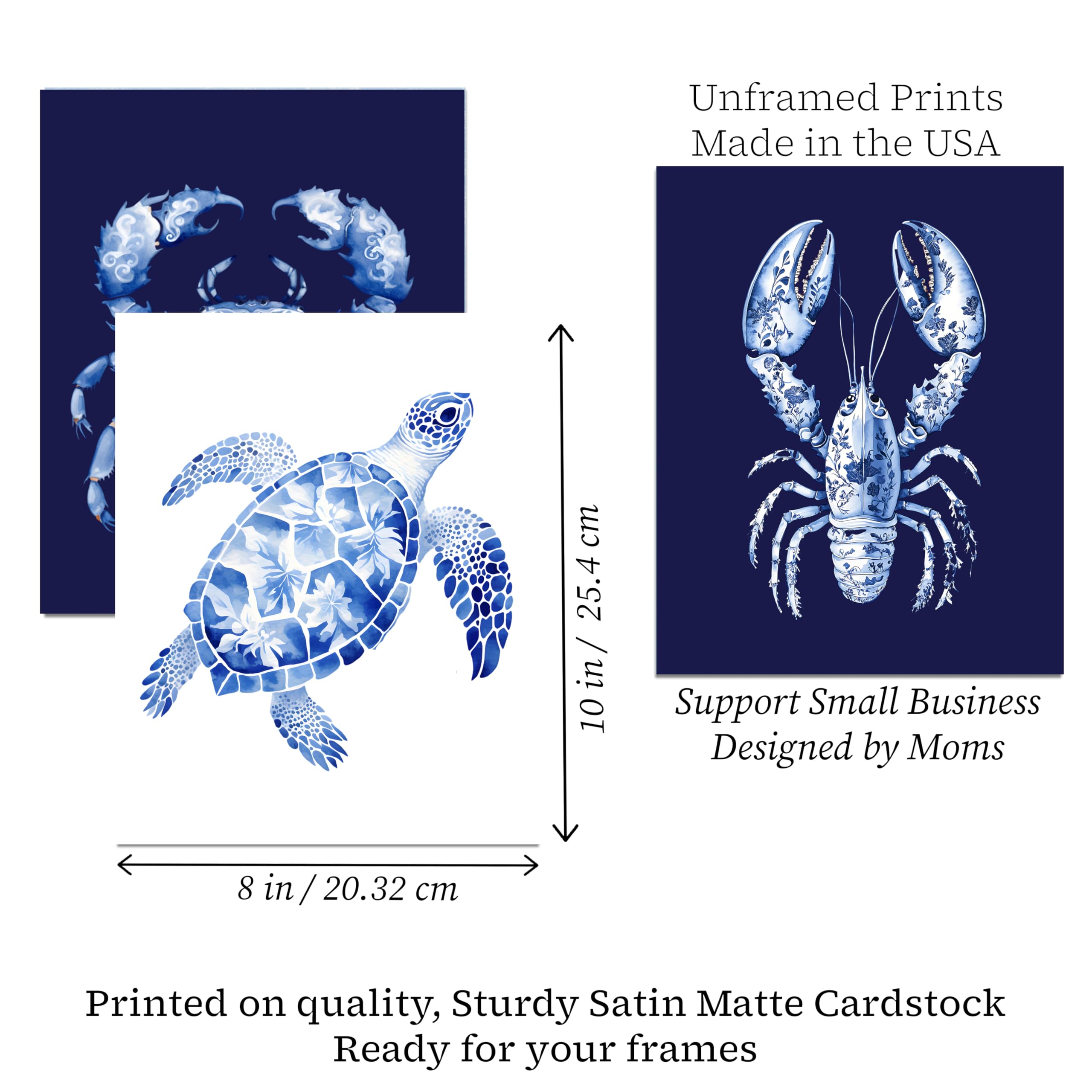 Coastal Sea Life Wall Art Prints - Blue & White Nautical Set of 4
