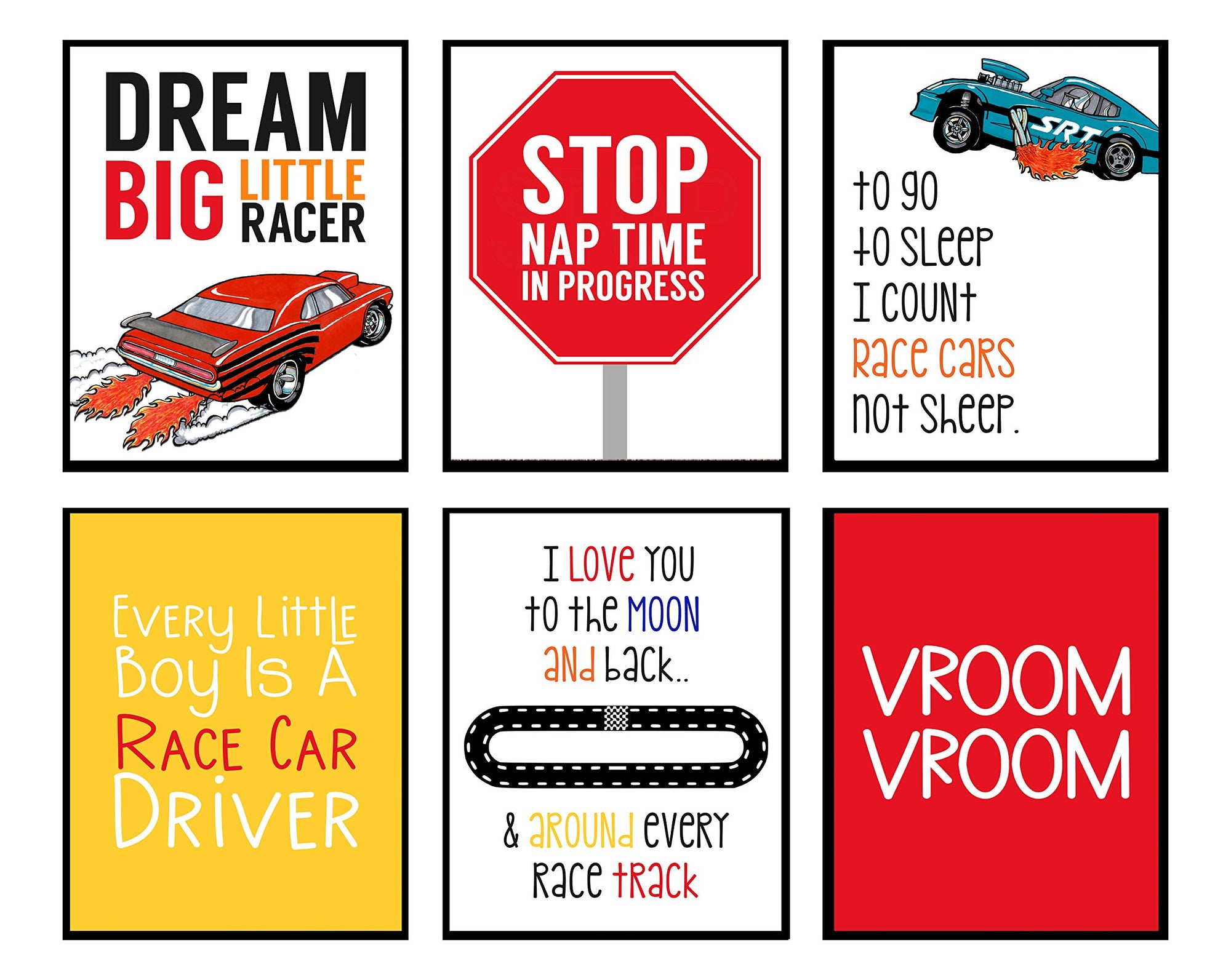 Silly Goose Gifts Dream Big Little Racer Car Wall Art Print Set for Room Home Nursery Decor Wheel Set - Bright Inspiring Hot Cute Design
