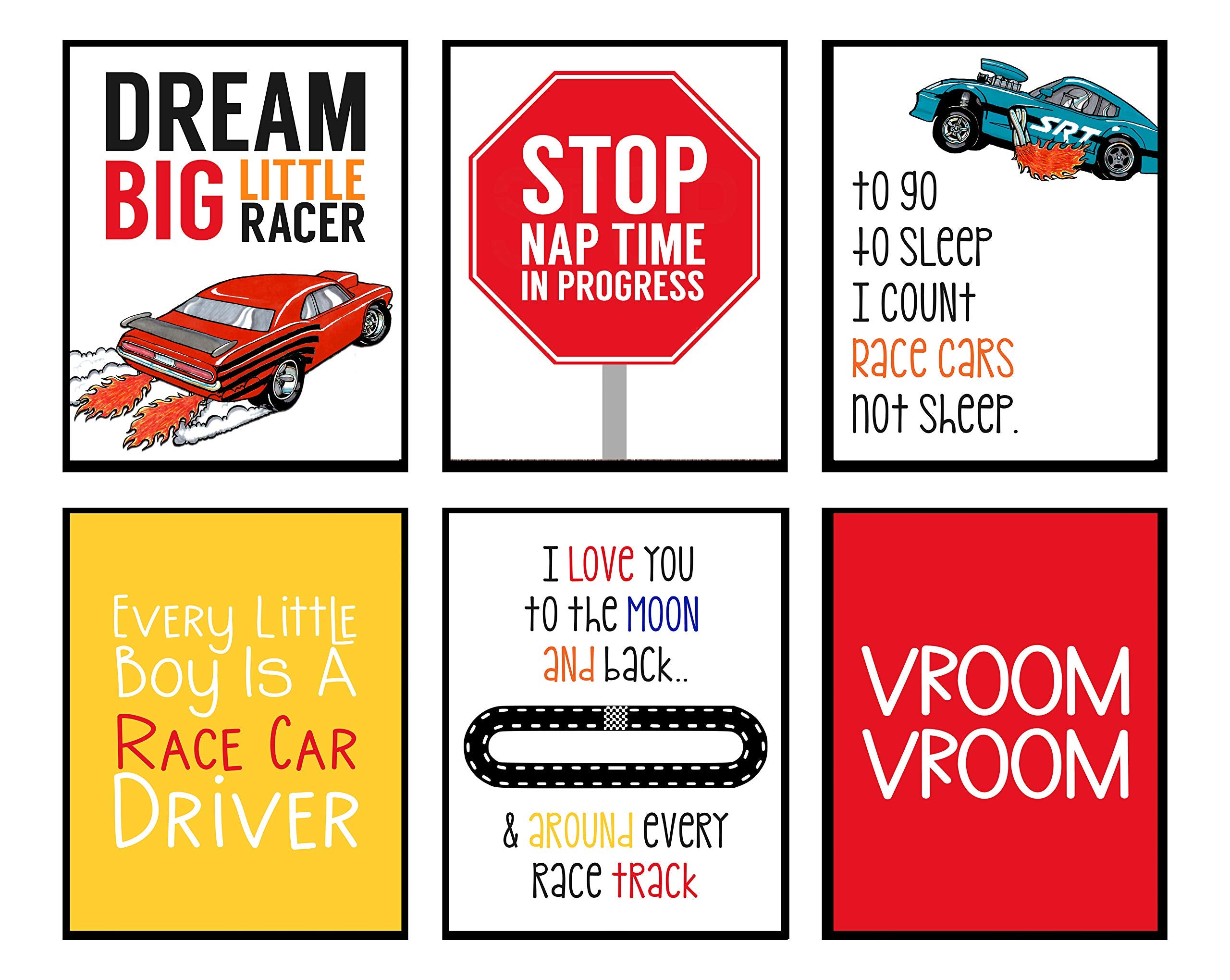 Silly Goose Gifts Dream Big Little Racer Car Wall Art Print Set for Room Home Nursery Decor Wheel Set - Bright Inspiring Hot Cute Design